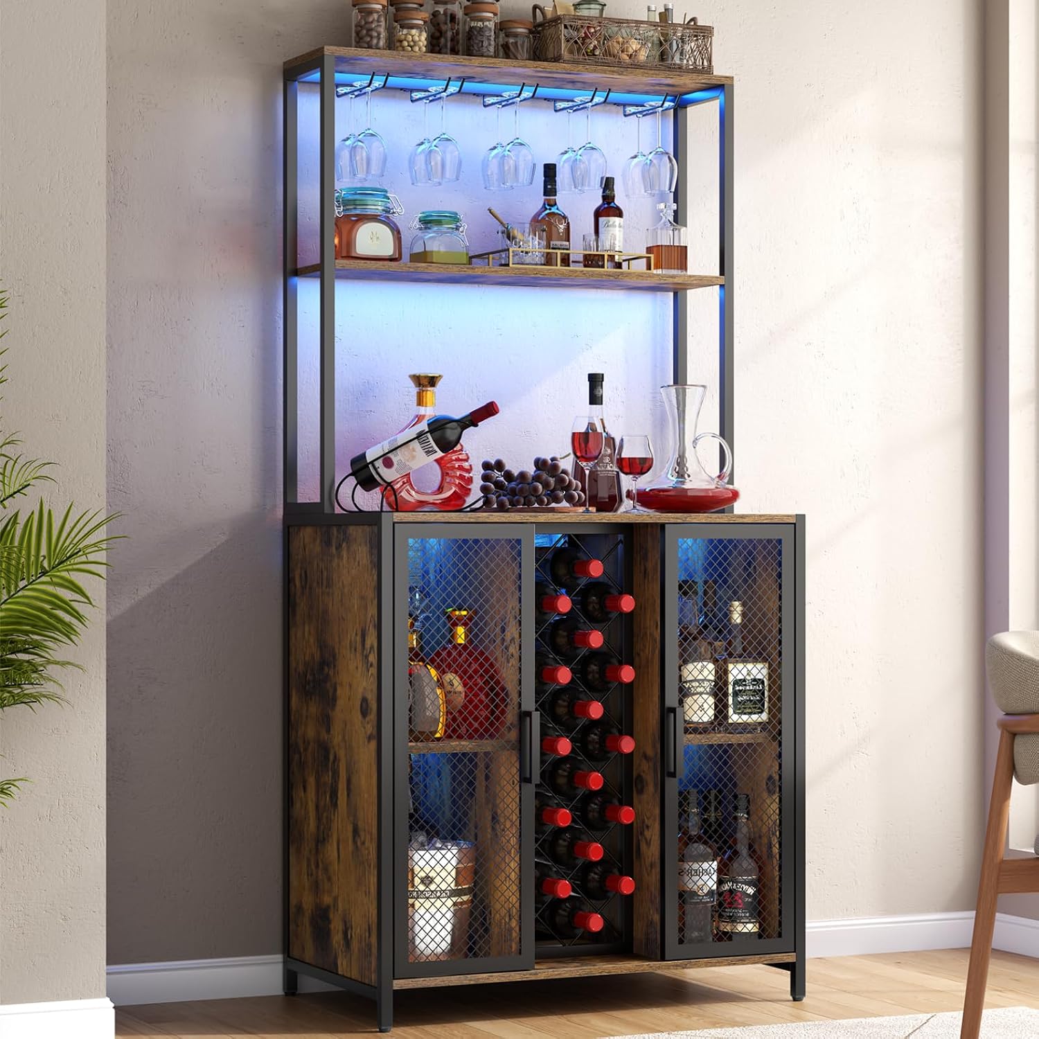 Wine Bar Cabinet with LED Lights, 5-Tier Industrial Coffee Bar, Buffet Sideboard with Adjustable Shelves, Kitchen Bar Table with Wine Rack Storage and Glass Slots for Liquor and Glasses,Rustic