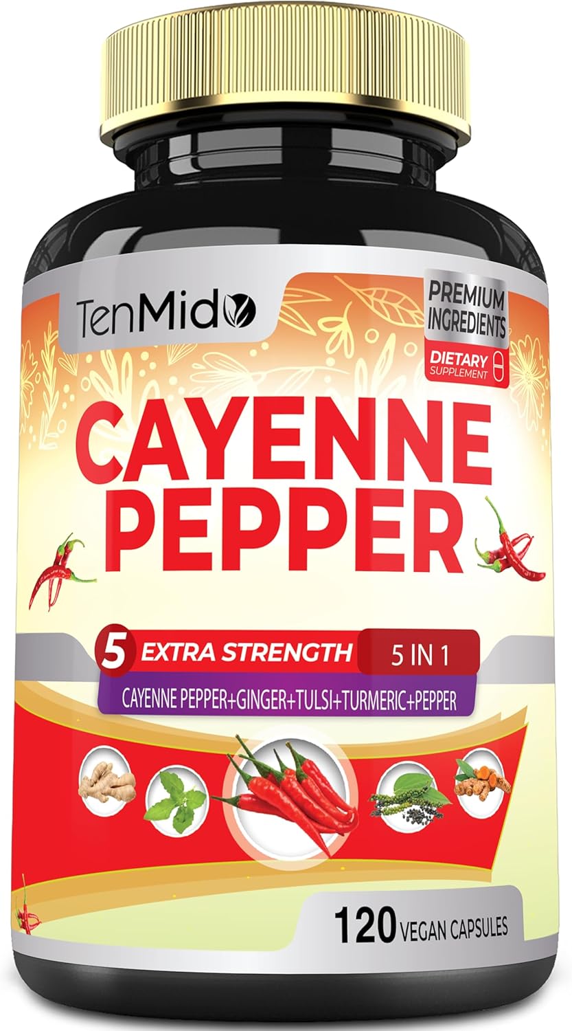 Cayenne Pepper Supplements Extract Capsules, 4 Months Supply with Ginger, Turmeric Curcumin, Tulsi, Black Pepper - Supports Immune System, Promotes Digestive System Function - 120 Vegan Capsules