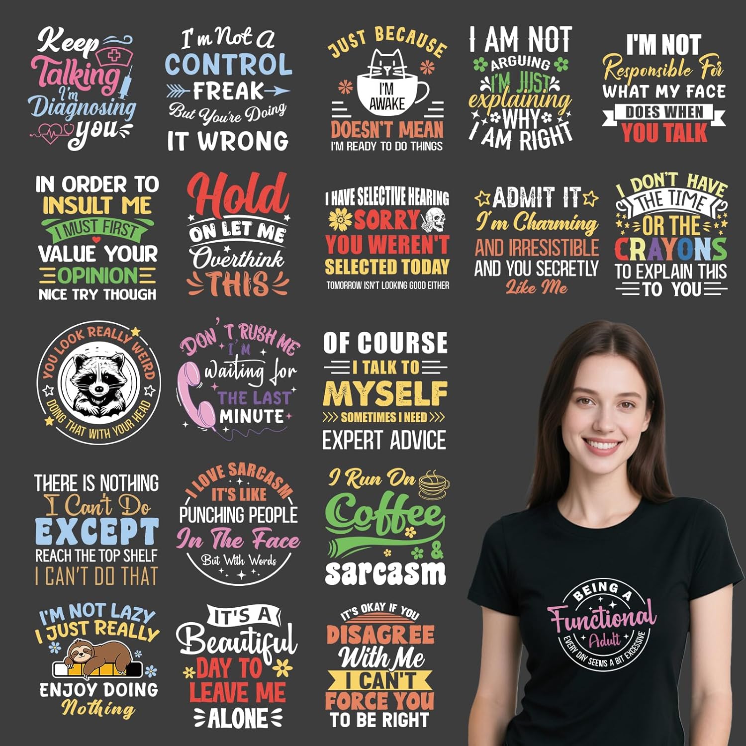 Dtf Transfers Ready to Press - 20 Pcs Funny Sarcastic Iron on Patches for T-Shirts, Humorous Sloth Raccoon Heat Transfer Designs Vinyl Stickers, Iron on Decals for DIY Home Clothes Bags