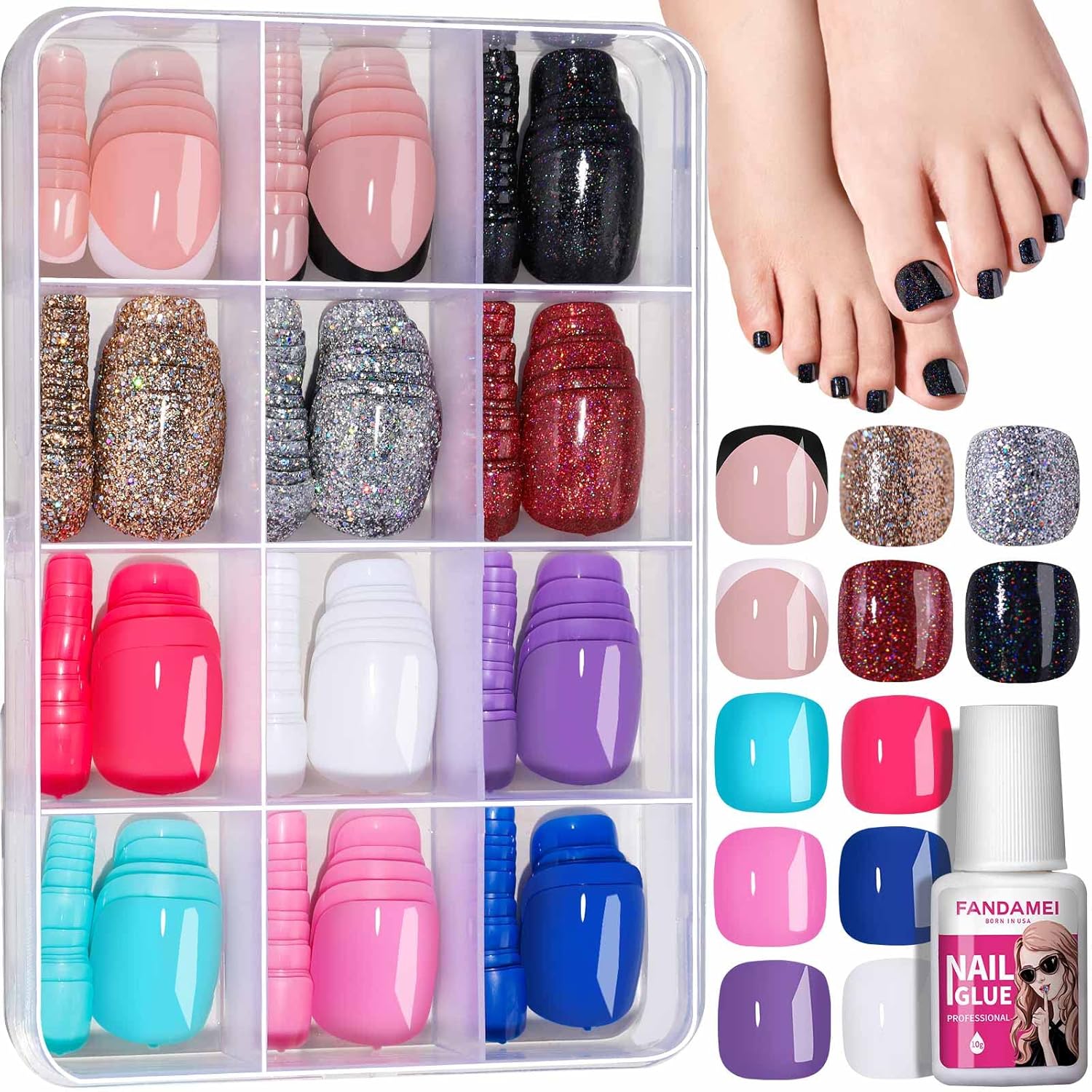 FANDAMEI Press on Toe Nails, 12 Colors 288PCS Press on Toenails Short Square, 4 Glitter Press on Toenails Full Cover, 6 Glossy False Toenails for Feet, 2 Press on Toenails French Tip for Nail