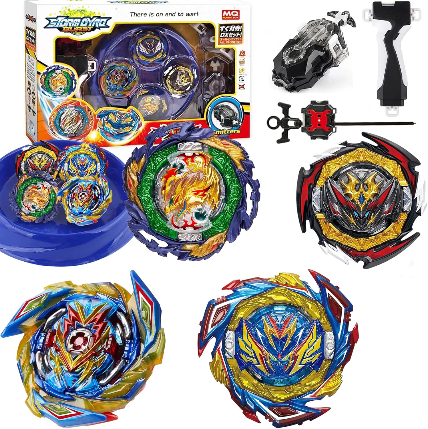 Desamvap Bey Battling Tops Set, Bey Burst Gyros Set 4 Metal Fusion Spinning Tops 2 Custom L/R Two Way Launchers Set with Battling Arena Birthday Gifts for Children Kids Boys
