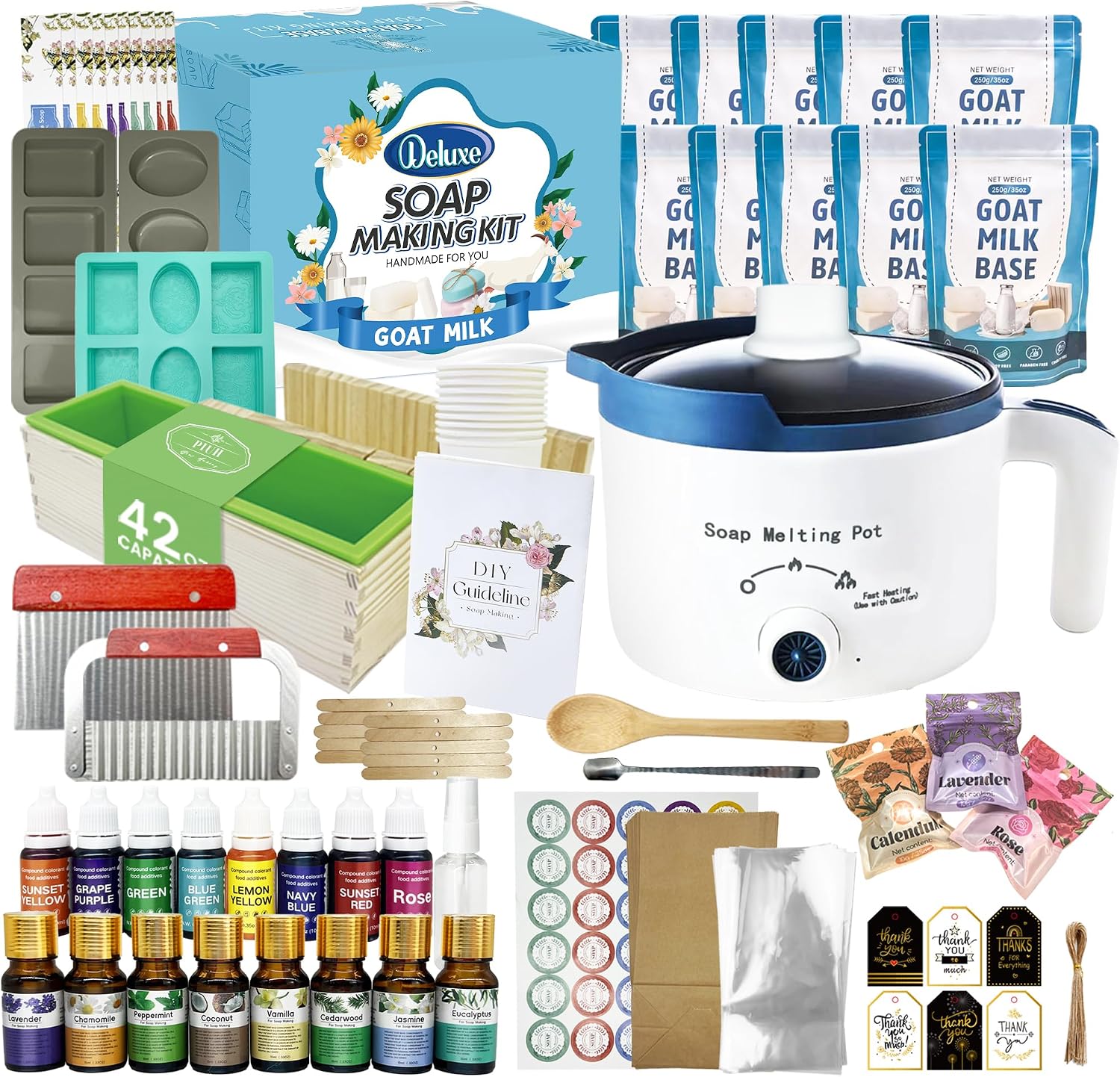 PIUH Deluxe Goat Milk Soap Making Kit with All Suuplies for Adults Begineer | All in One Natural Soap Kit Included Soap Melting Pot, Goat Milk Soap Base, Dyes, Essential Oils and Supplies for DIY Soaps