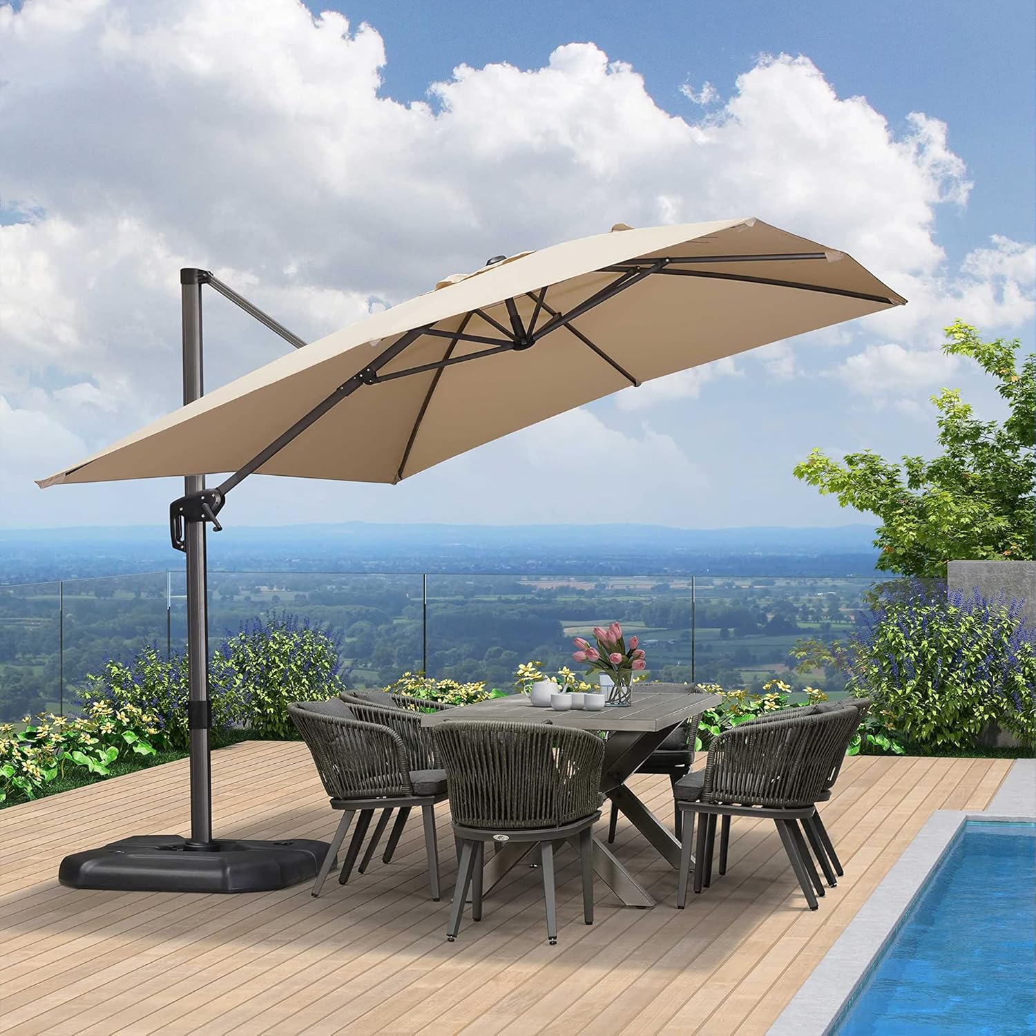 PURPLE LEAF 2.7 X 3.5 M Garden Cantilever Parasol, Large Rectangle Patio Umbrella with Crank Handle and Tilt for Balcony and Outdoor, Beige