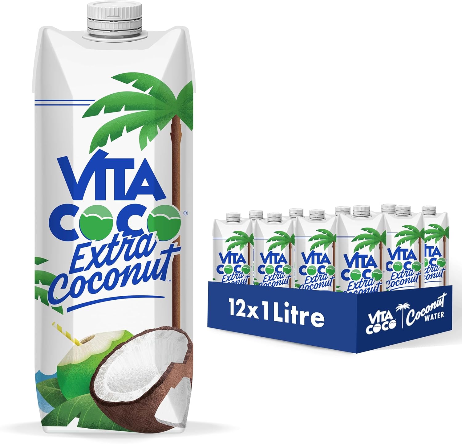 Vita Coco Extra Coconut Water 1 Litre x 12, Pressed Coconut Water, Coconut Taste, Packed With Electrolytes, Gluten Free, Full of Vitamin C and Potassium