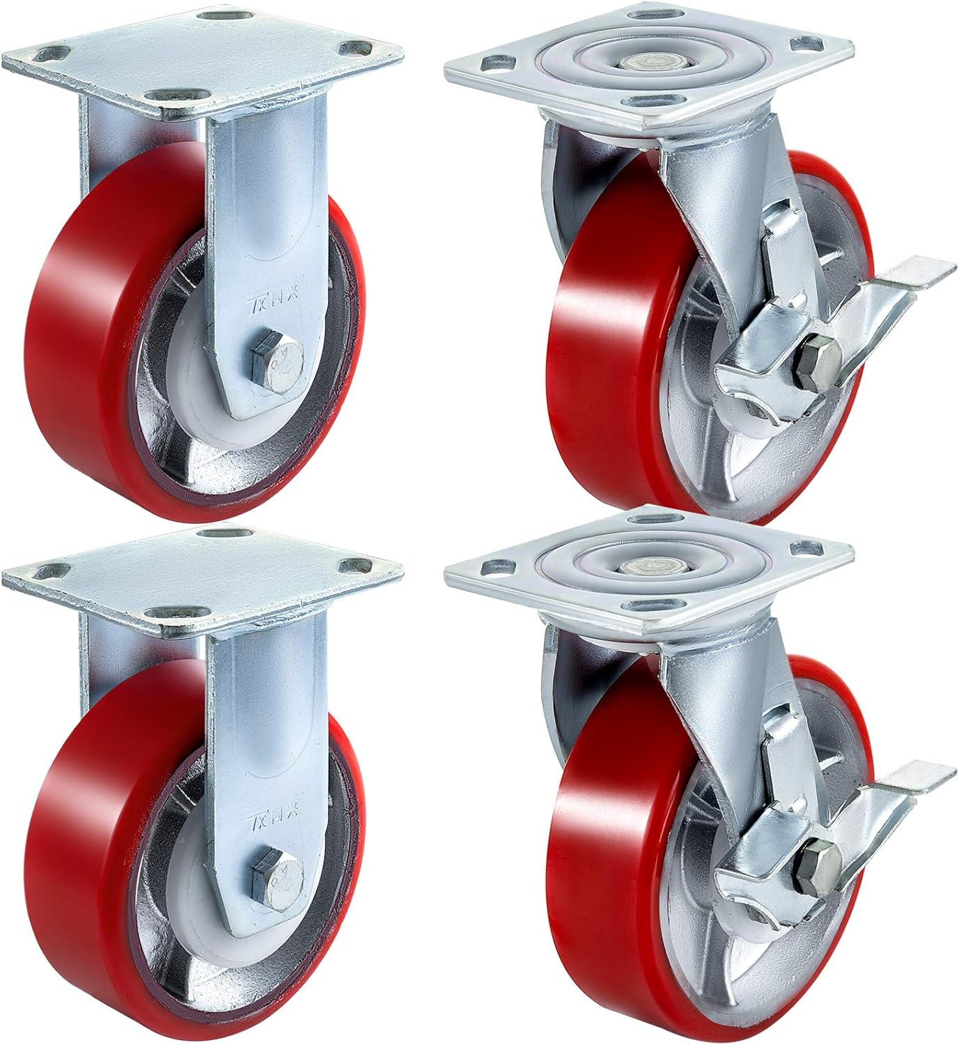 BestEquip 4 Pack 6 x 2 Inch Caster Wheels 2 Rigid and 2 Swivel Casters with Side Brake Polyurethane Iron Core Plate 1000LBS Capacity Per Wheel
