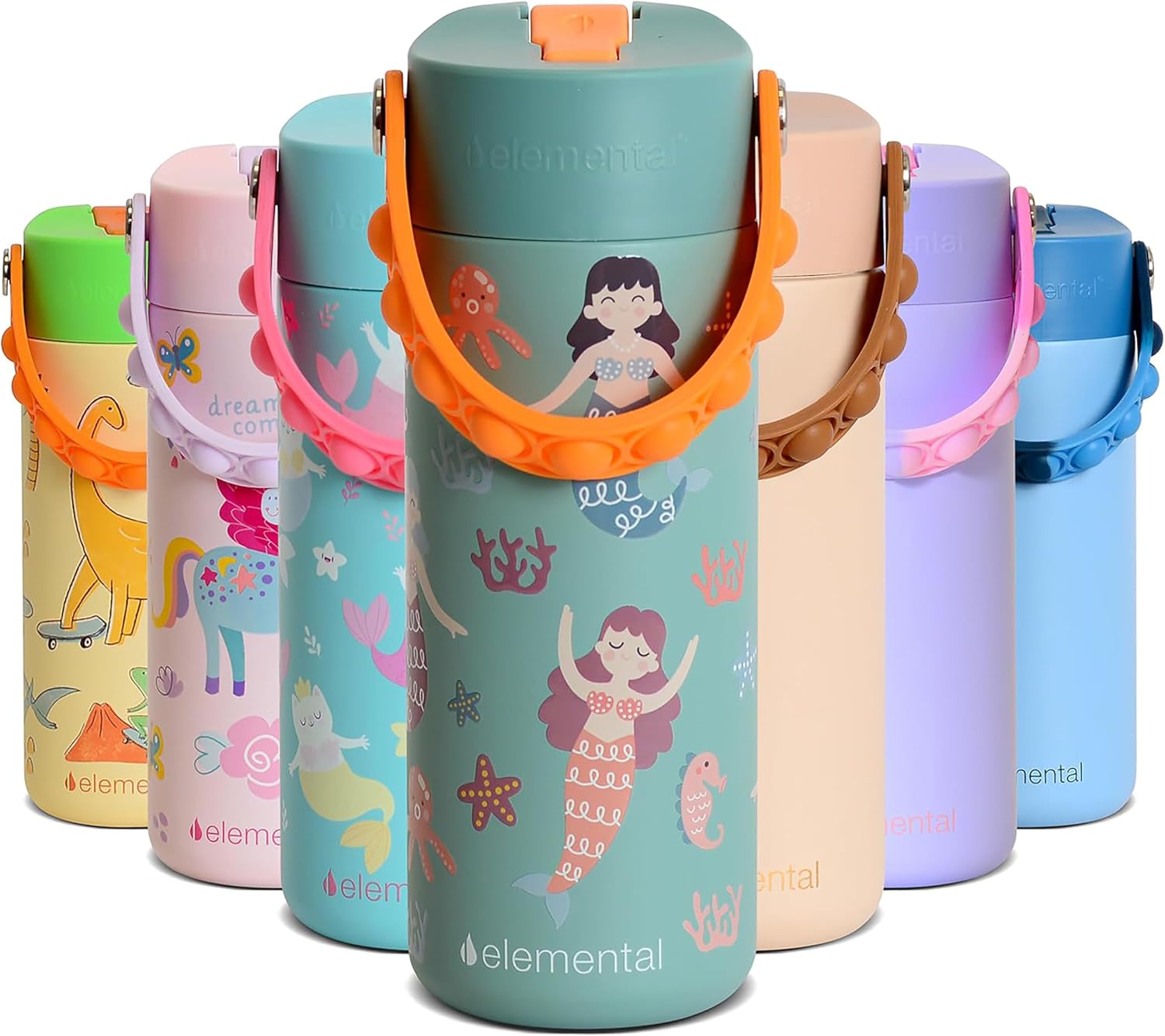Elemental Insulated Kids Water Bottle, Stainless Steel Water Bottle with Straw Lid & Pop-It Handle, Leak-Proof Water Bottles for School, Boys or Girls, Travelling and Sports, 18oz - Mermaid Sisters