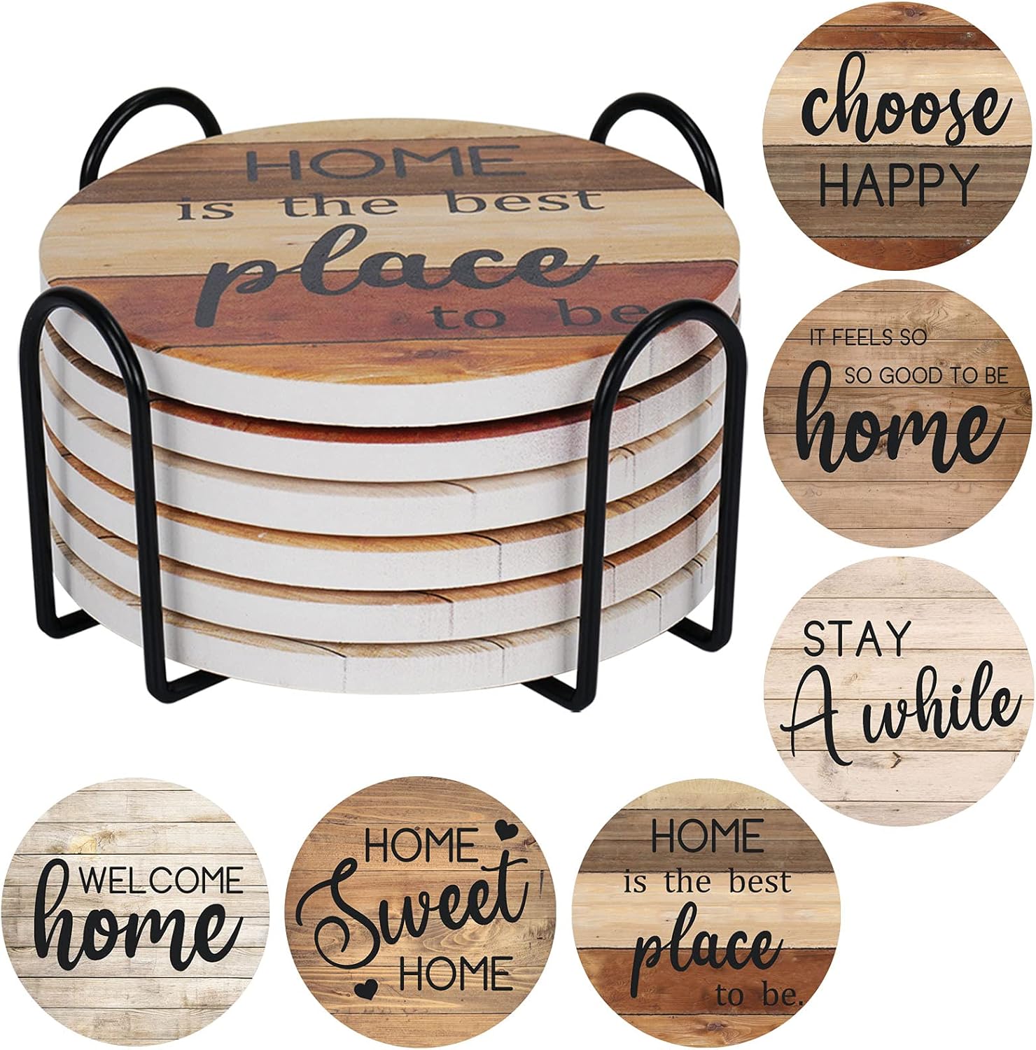 Adorever Coasters for Drinks Absorbent with Holder, 6 Pcs Ceramic Drink Coasters Farmhouse Coasters, Rustic Coasters for Coffee Table Tabletop Protection, Housewarming Gift New Home Decor