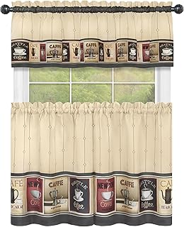 Achim Home Furnishings Cozy Cafe Printed Tier & Valance Set - 58x24 Inch Tan-Black