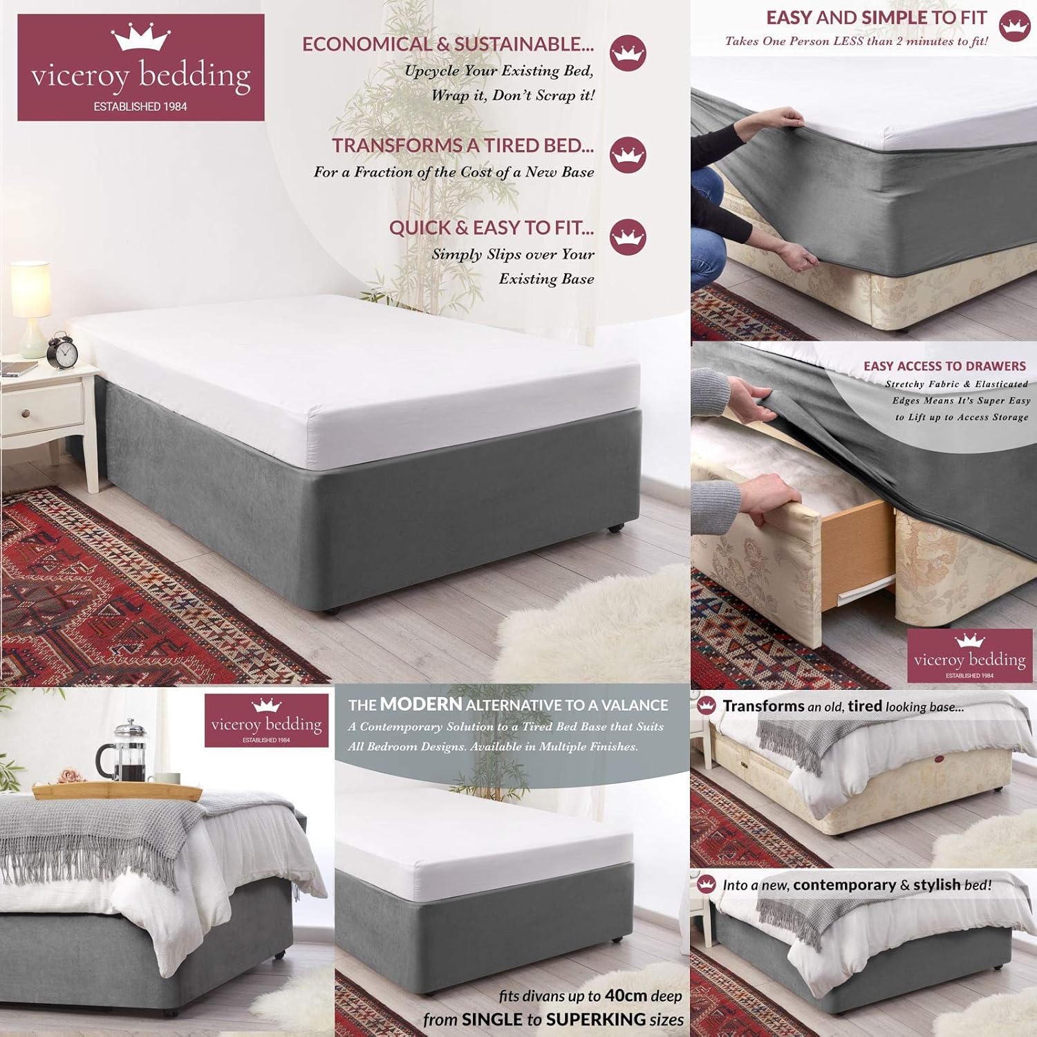 Bed Wrap FAUX SUEDE Divan Bed Base Wrap Valance Sheet COVER Alternative to Traditional Valance Sheet Fully Elasticated Skirt Easy To Fit - Wraps Itself Around The Base Of Your Bed Frame (Grey, Double)