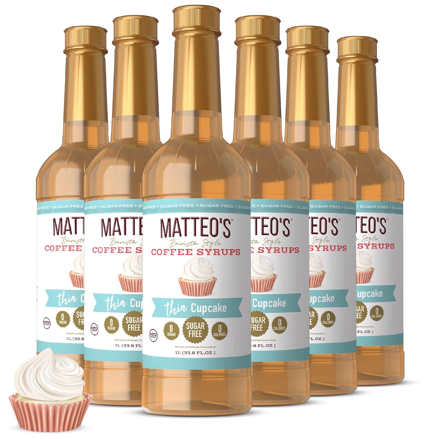 Matteo's Barista Style Sugar-Free Coffee Syrup, Cupcake Flavor, Zero Calories and Sugar, Keto Friendly, Ideal for Lattes, Cappuccinos, Espresso, Americano, Indulgent Taste 33.8 Oz, 6-Pack