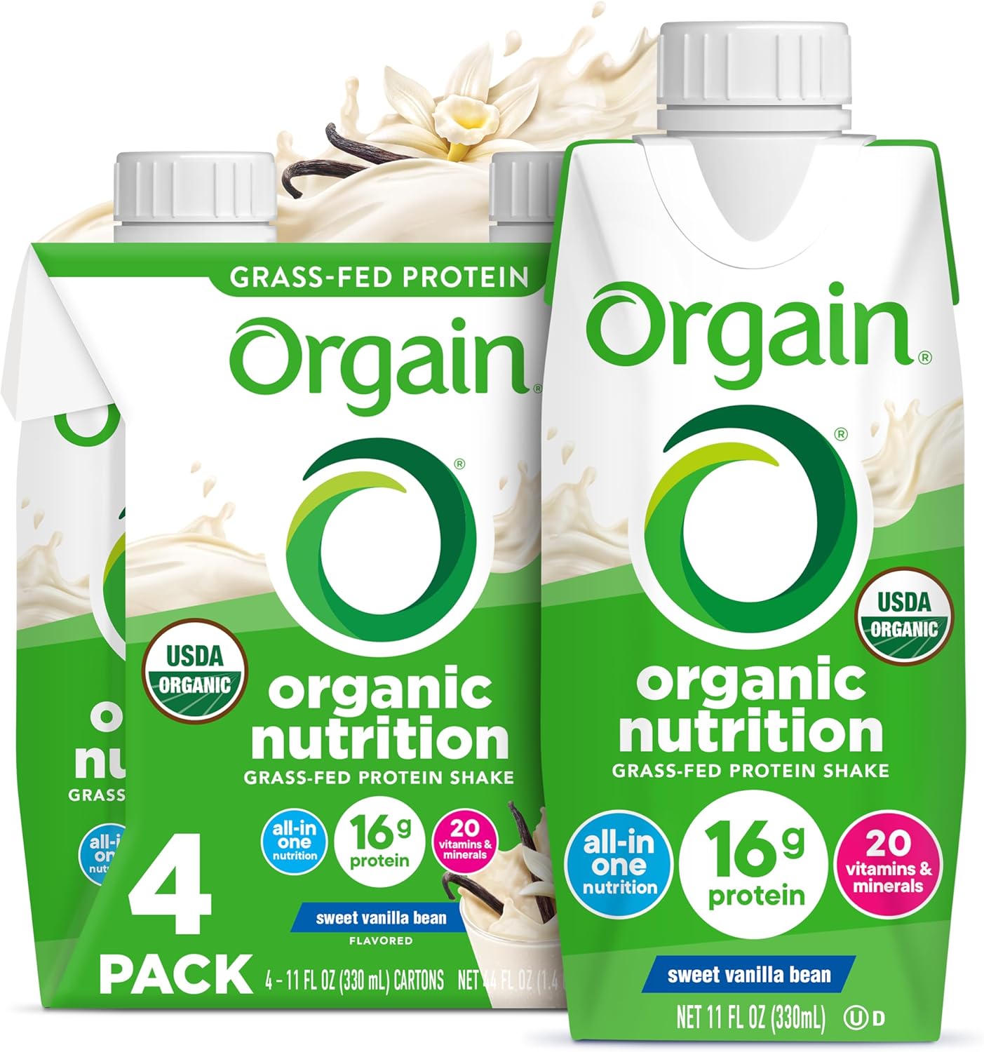 Orgain Organic Nutritional Shake, Vanilla Bean - Meal Replacement, 16g Protein, 20 Vitamins & Minerals, Gluten Free, Soy Free, Kosher, Non-GMO, 11 Ounce, 4 Count (Packaging May Vary)
