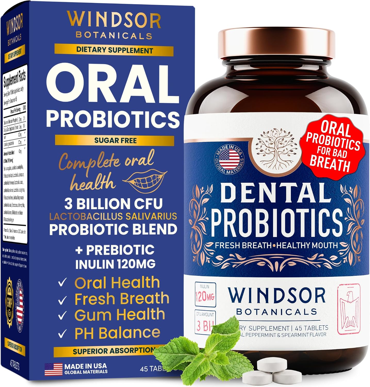 Oral Probiotics for Teeth and Gums - 3BN CFU, 15 Strains - 45 Mint Tablets