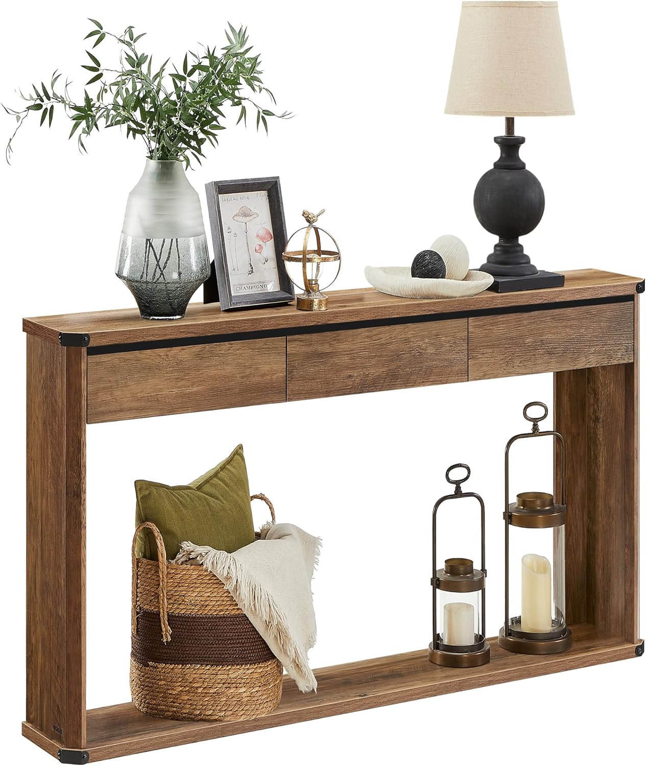 VASAGLE Console Table, 47.2 Inches Sofa Table, Narrow Entryway Table, Entry Table with 3 Drawers, Bottom Shelf, Metal Corners, for Living Room, Bedroom, Farmhouse Style, Honey Brown ULNT143K41