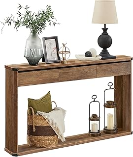 VASAGLE Console Table, 47.2 Inches Sofa Table, Narrow Entryway Table, Entry Table with 3 Drawers, Bottom Shelf, Metal Corners, for Living Room, Bedroom, Farmhouse Style, Honey Brown ULNT143K41