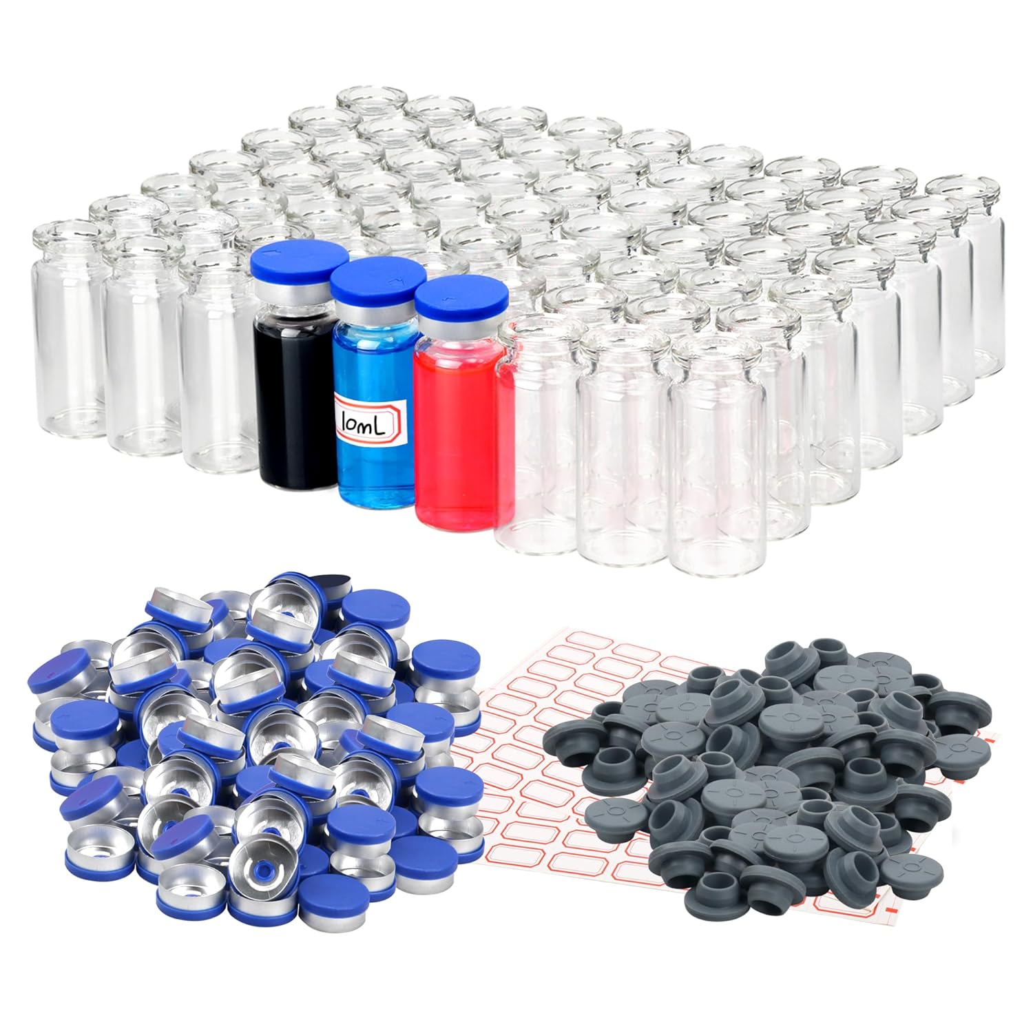 100 Pack 10ml Glass Vials Clear Glass Headspace Vial with Plastic-Aluminum Flip Caps, Rubber Stoppers and Label Papers, Small Glass Lab Vials