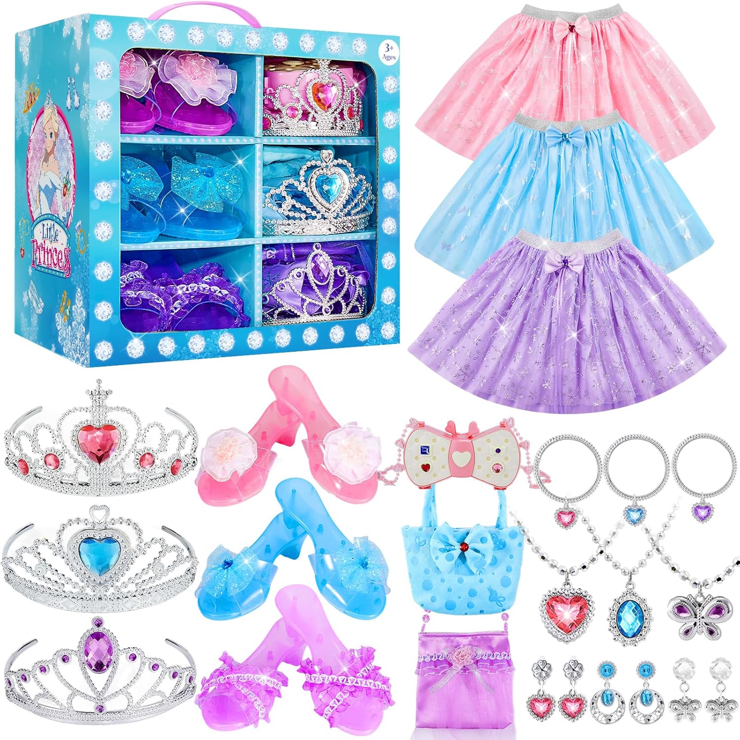 Princess Dress Up Toys for Girls Jewelry Boutique Kit, 3 Themes of Princess Costumes Set, Pretend Play Gifts for Little Girl Toddler 3, 4, 5, 6 Year Old