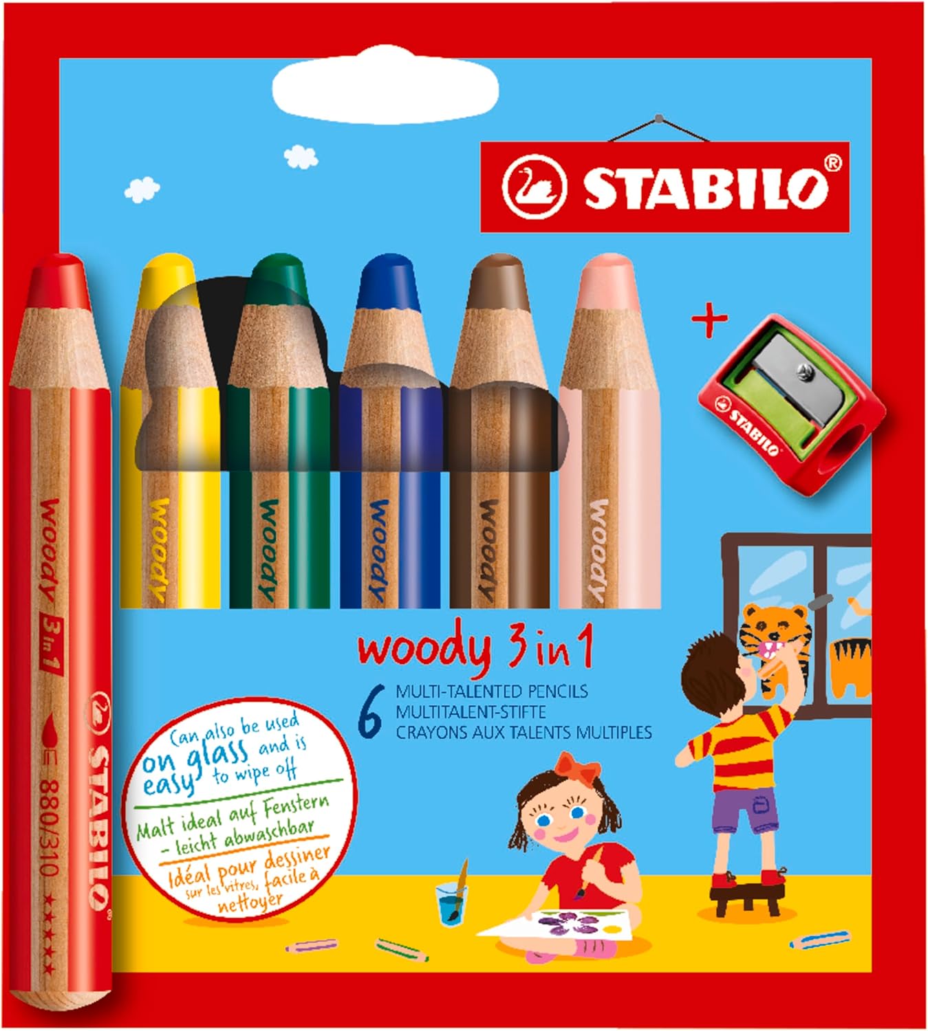 STABILO woody 3-in-1 - Multi-Talented Pencil - Pack of 6 - Assorted Colours with Sharpener