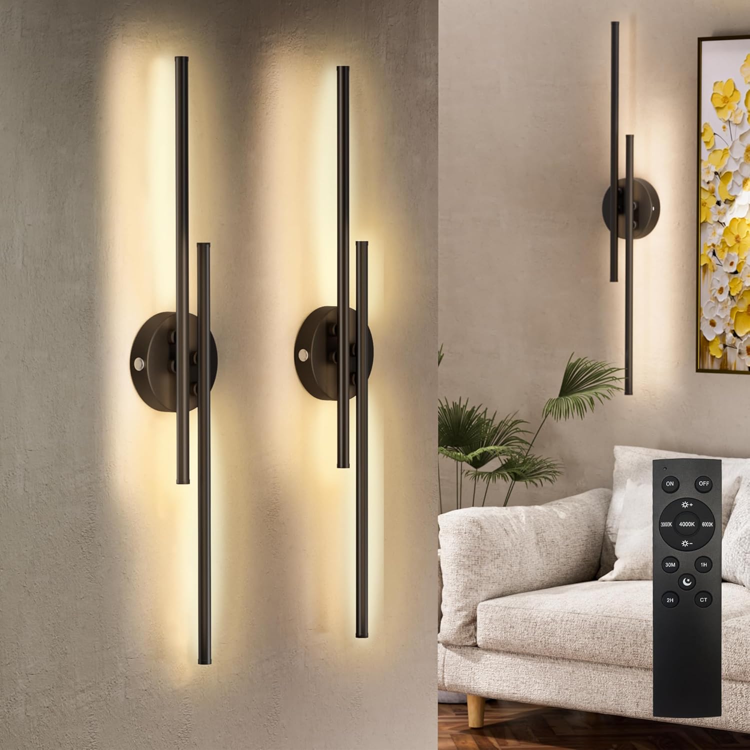Battery Operated Wall Sconce Set of Two with Remote Control, Dimmable Stepless 3 Colors 3000K-6000K, LED Rechargeable Wireless Wall Sconces for Bedroom, Living Room, Hallway (2 Pack)