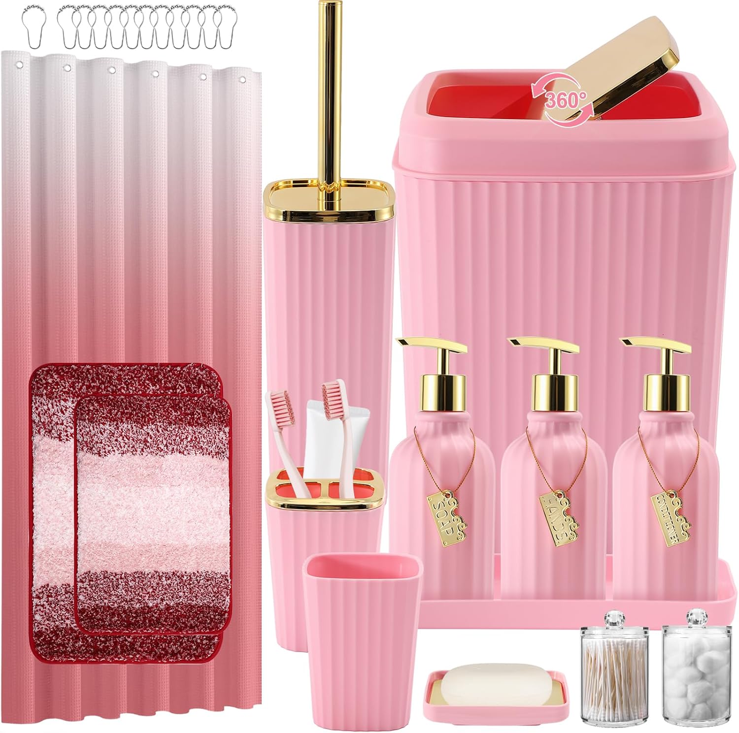 32PCS Bathroom Set Bathroom Sets with Shower Curtain and Rugs Pink Bathroom Accessories,Shower Curtain Set,Bathroom Rug Set with Bathroom Trash Can