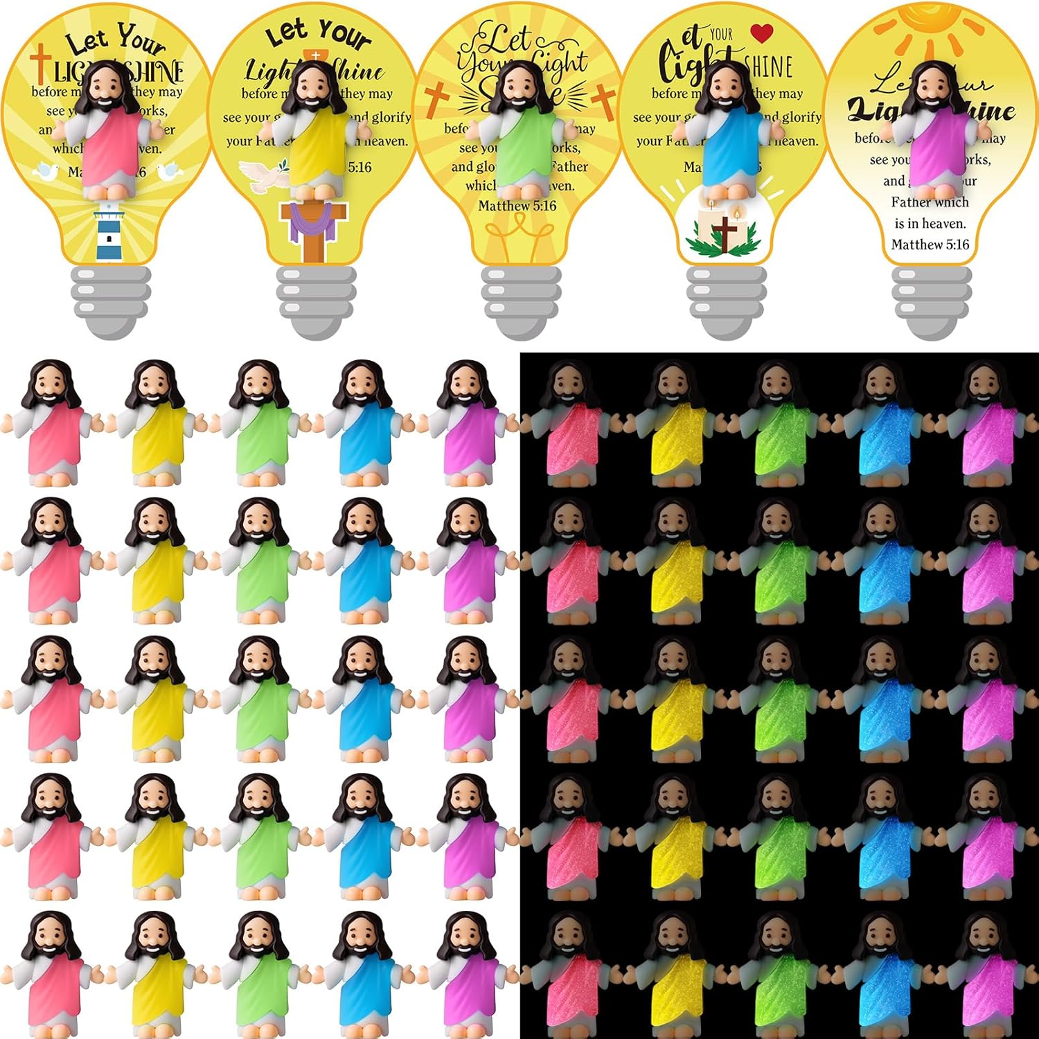 50 Sets Little Jesus Figures Glow in the Dark with Let Your Light Shine Cards Luminous Mini Rubber Jesus Figurines Toys for Hide and Seek Sunday Religious Gift(Open Arms Style & Light Bulb Shape Card)