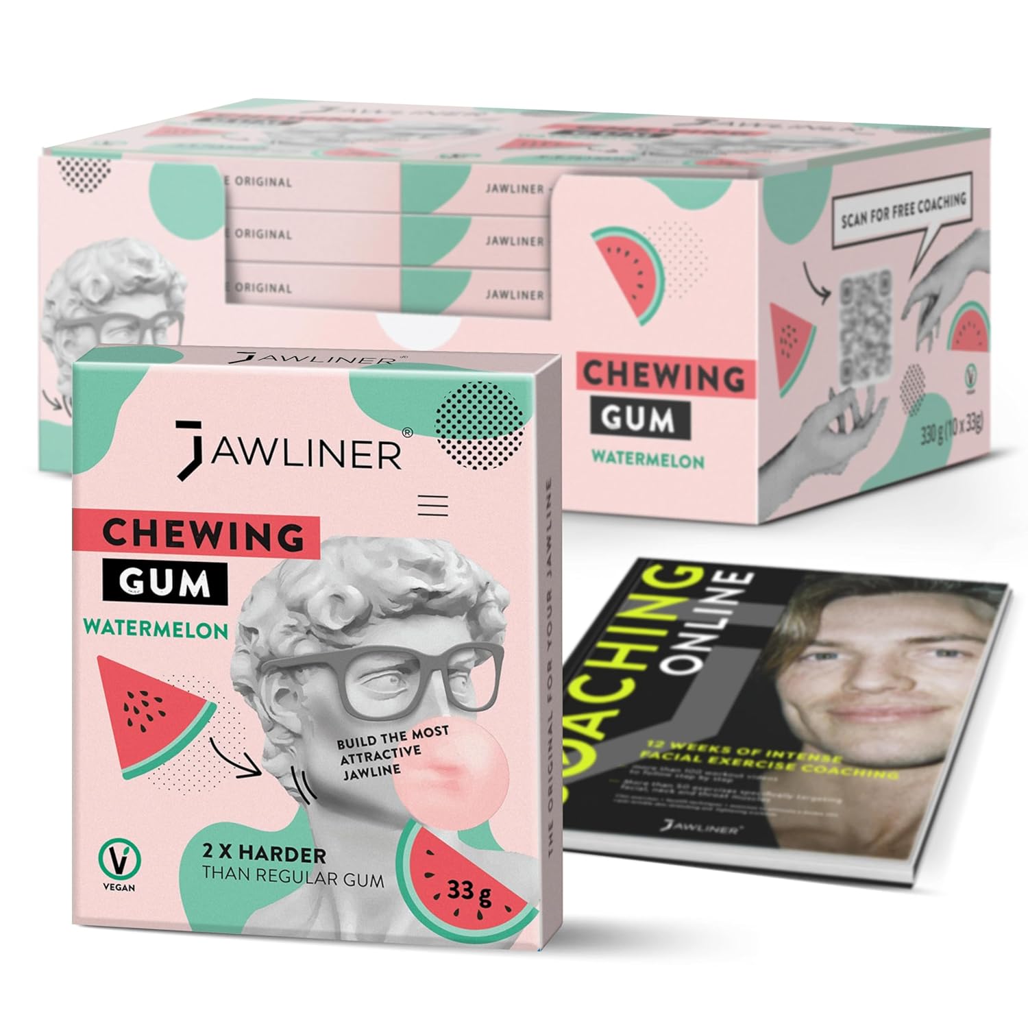 Jawliner® Hard Jawline Chewing Gum - Sugar Free Watermelon Tough Jaw Gum - Jaw Exerciser Strong Mewing Jawline Mastic Gum - 2x Harder than Regular Chewing Gum 330 Grams (120 Strips)