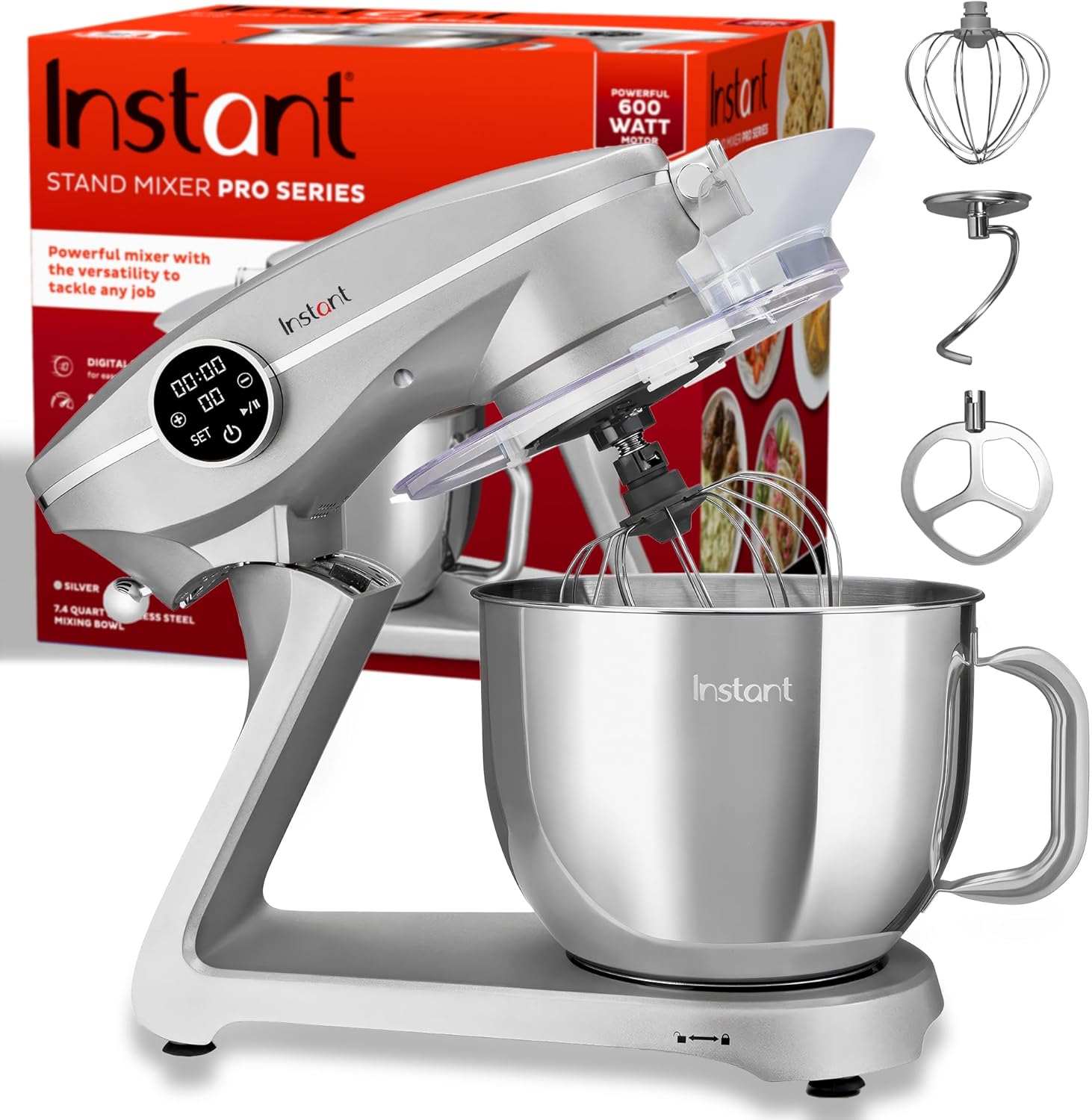 Instant Pot Stand Mixer Pro,600W 10-Speed Electric Mixer with Digital Interface,7.4-Qt Stainless Steel Bowl,From the Makers of Instant Pot,Dishwasher Safe Whisk,Dough Hook and Mixing Paddle,Silver