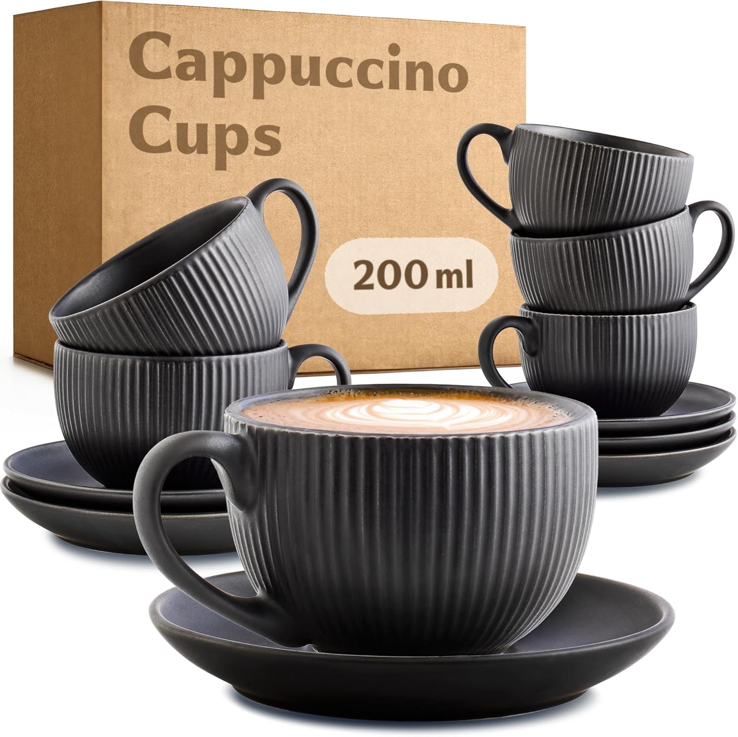 Cosumy Cappuccino Cups with Saucers - Set of 6 - Black matt - 200ml - Stripe Pattern Ceramic - Dishwasher Safe - Grooved Coffee Mugs with Handle