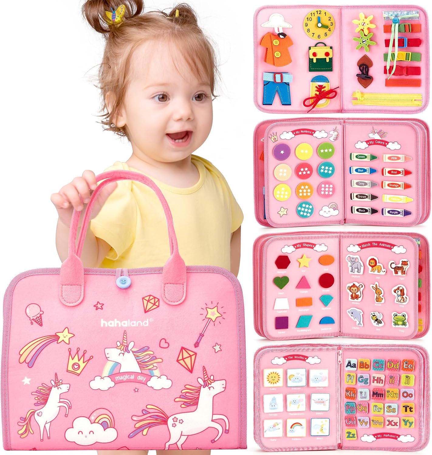 hahaland Busy Board - Montessori Toys for 2 Year Old Girl Toys Birthday Gift, Preschool Learning Activities, Educational Toddler Girl Toys for Ages 2-4, Valentines Gifts Stocking Stuffers, Travel Toy
