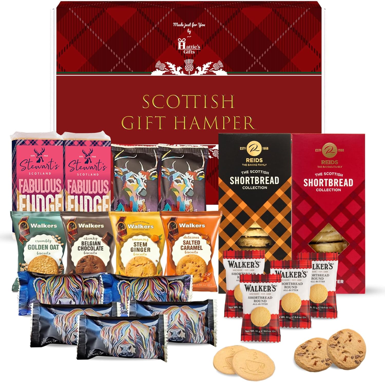 Hattie’s Gifts Scottish Food Hamper - Biscuits Gift Set with Individually Wrapped Luxury Shortbread & Fudge Bar - Gourmet Sweet Snacks for Men and Women