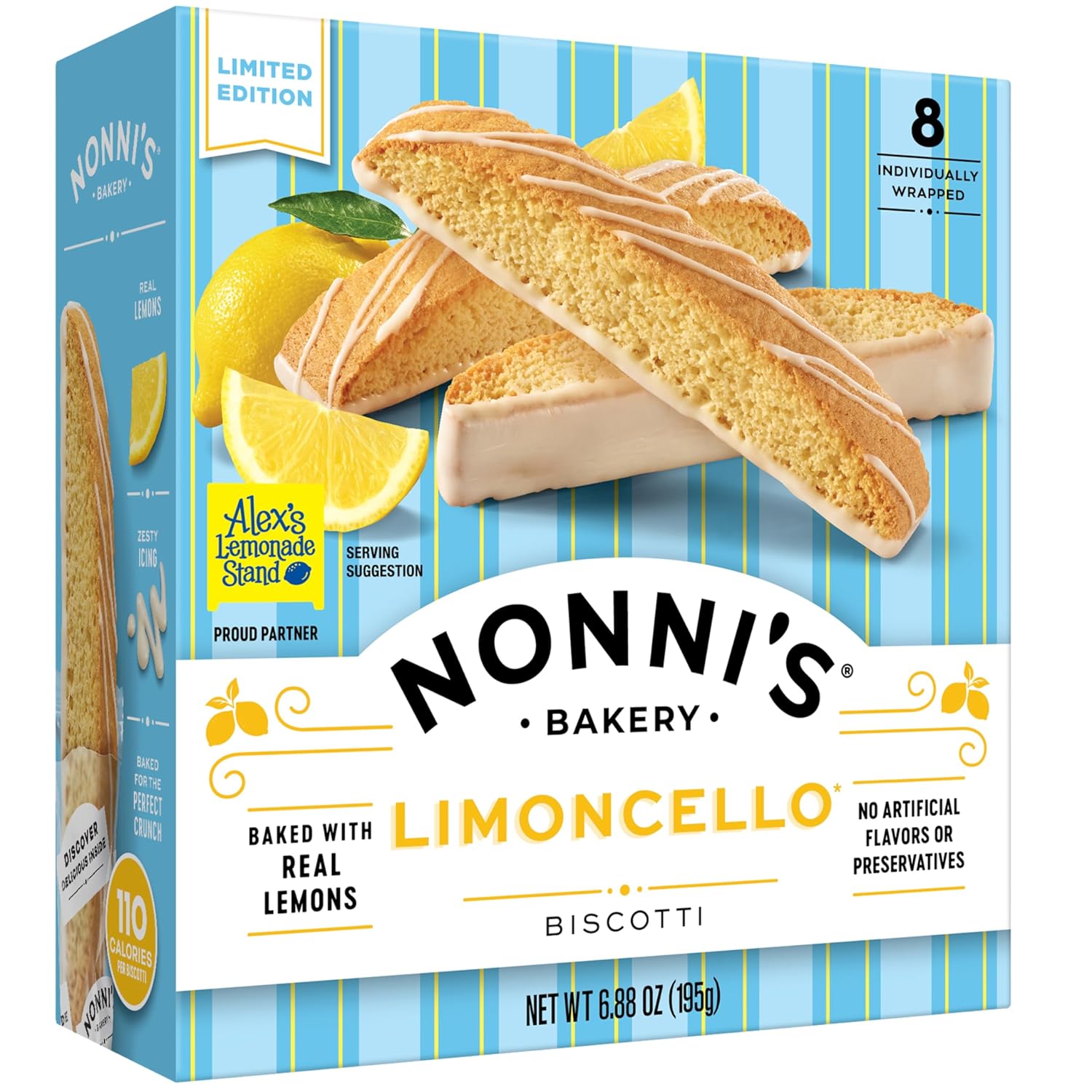 Nonni's Limoncello Biscotti Italian Cookies - Zesty Lemon Cookies - Biscotti Individually Wrapped Cookies - Limoncello Italian Biscotti Cookies w/White Icing - Kosher Coffee Cookies - 6.88 oz