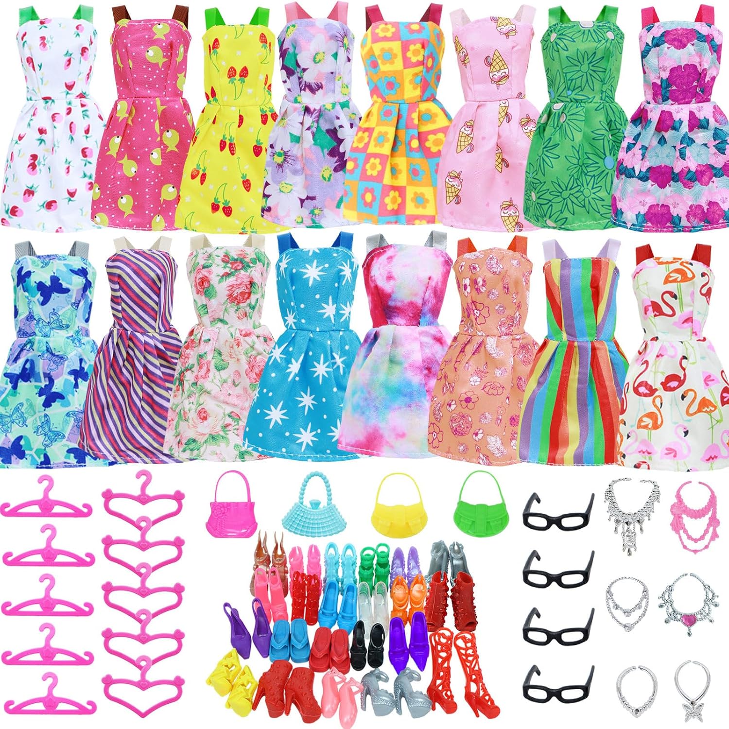 BJDBUS 42 pcs Doll Clothes and Accessories Including 10 pcs Fashion Mini Dresses 32 pcs Shoes, Glasses, Necklaces, Handbag, Hangers Accessories for 11.5 Inch Girl Doll