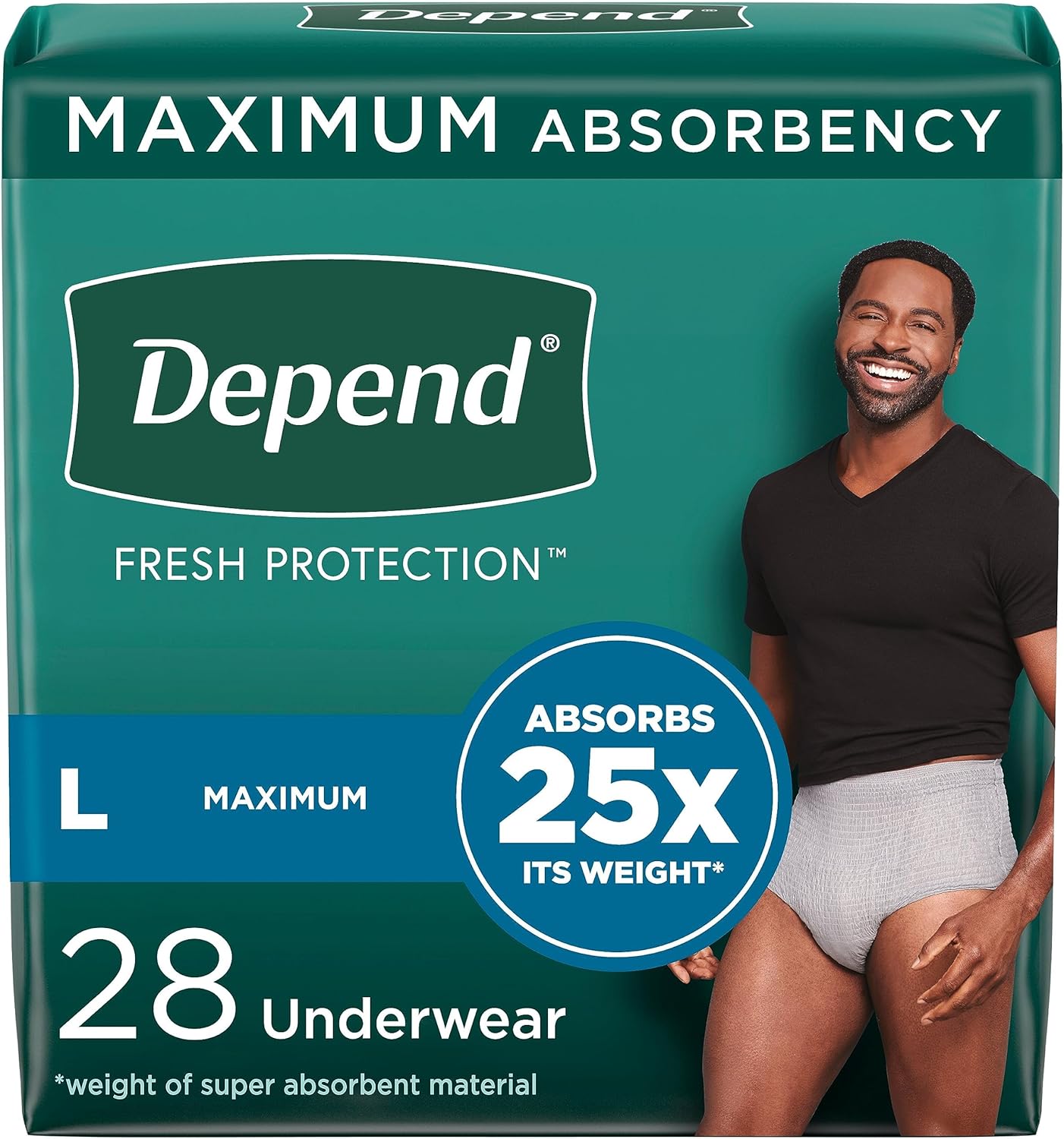 Depend Fresh Protection Adult Incontinence Underwear for Men, Disposable, Maximum, Large, Grey, 28 Count, Packaging May Vary