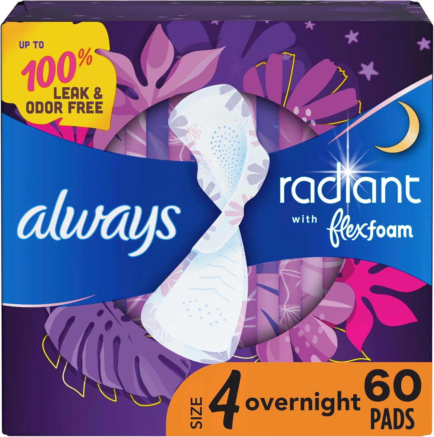 Always Radiant Feminine Pads for Women, Flexfoam Pads with Wings, Size 4, Overnight Absorbency, Lightly Scented, 60 Count (3 Packs of 20)