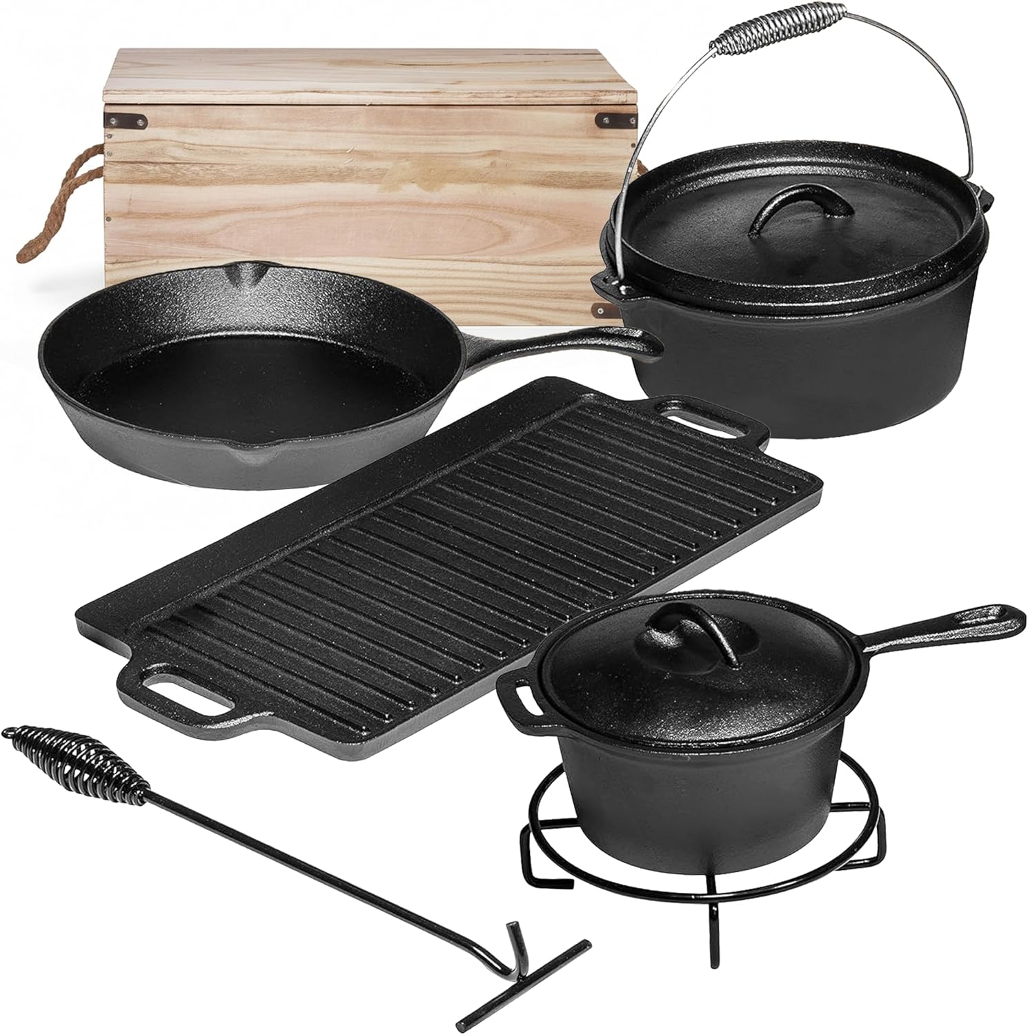 Bruntmor Camping Cooking Set Of 7. Pre Seasoned Cast Iron Pots And Pans Dutch Oven With Lids For Outdoor Comefire. Grill Cookware Skillet Sets With Storage Box
