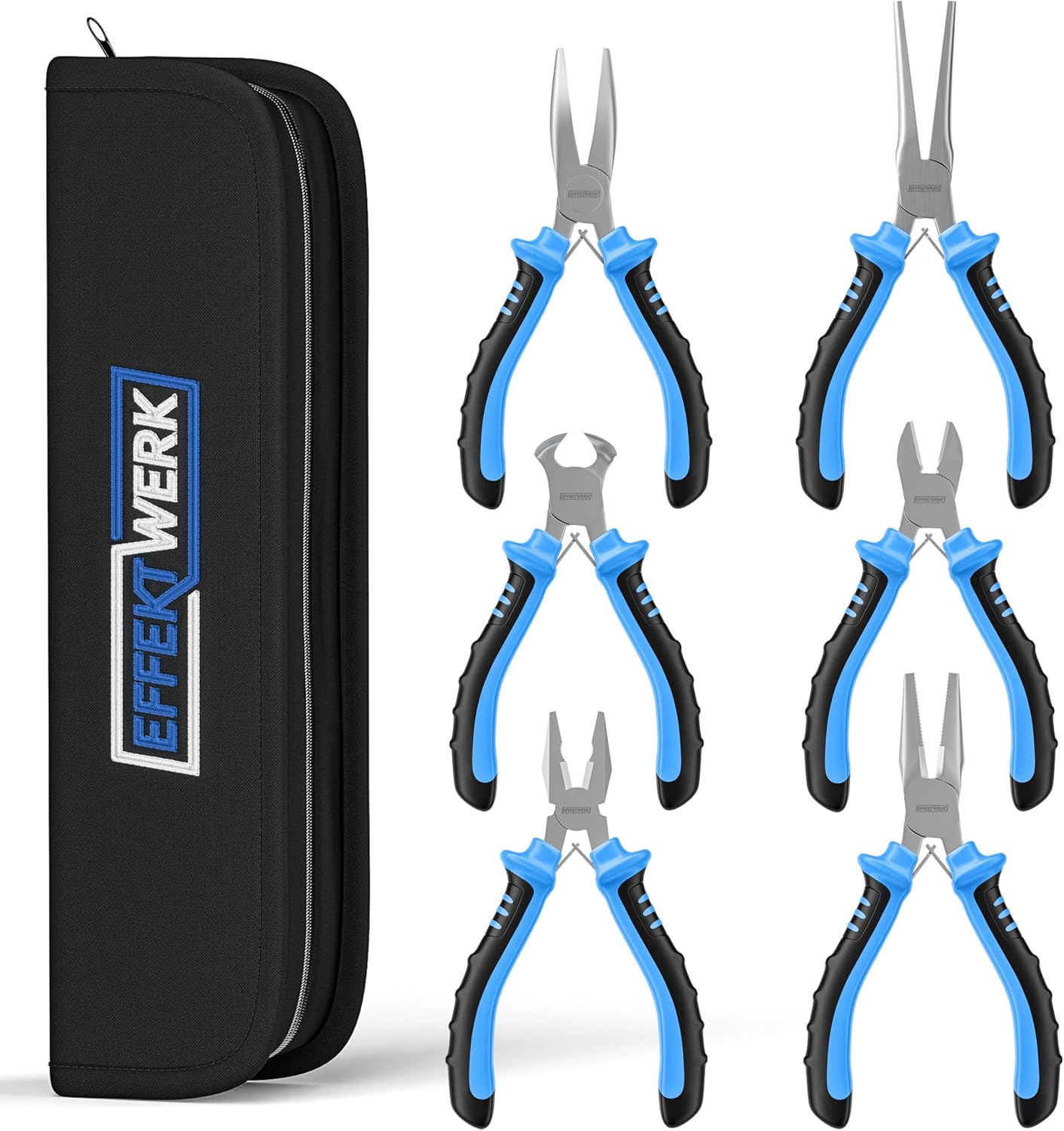 Effektwerk 6-Pc Mini Pliers Set, Linesman, Long Nose, Needle Nose, Bent Nose, Diagonal Cutting & Wire Cutters, Electrician Tool Kit w/Small Pouch, Use for Jewellery Craft & Electronic Repairs