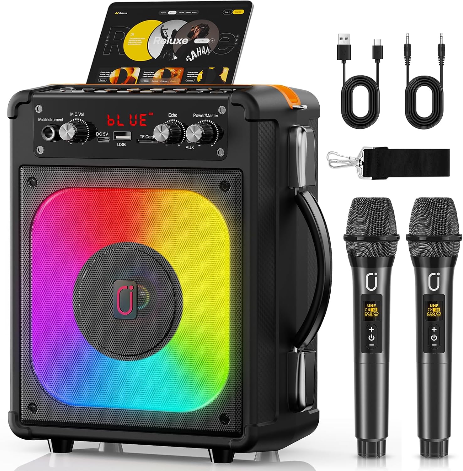 Karaoke Machine, Portable Bluetooth Speaker with 2 Wireless Microphones for Adults & Kids,Karaoke Speaker for Parties and Gatherings, PA System Supports TWS/USB/TF/REC/AUX and TV Connected