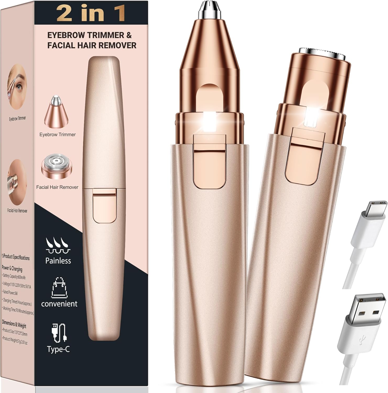 Eyebrow Trimmer Facial Hair Removal for Women: 2 in 1 Rechargeable Face Shaver and Eyebrow Razor - Painless Electric Hair Remover Device for Peach Fuzz Fine Hairs Upper Lip Chin