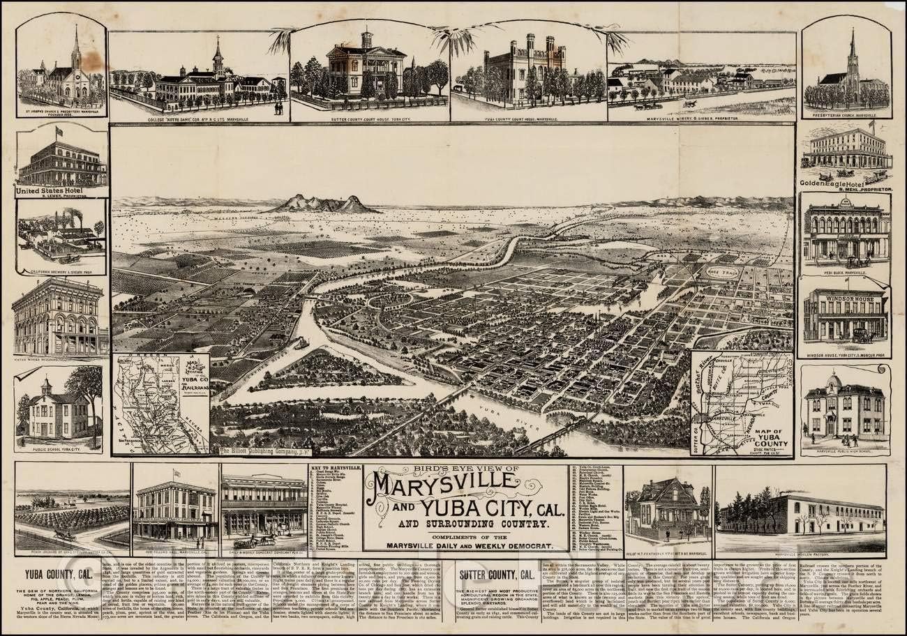 Historic Map - Bird's Eye View of Marysville and Yuba City, Cal. and Surrounding Country. Compliments of The Marysville Daily and Weekly Democrat, 1888 - Vintage Wall Art 63in x 44in