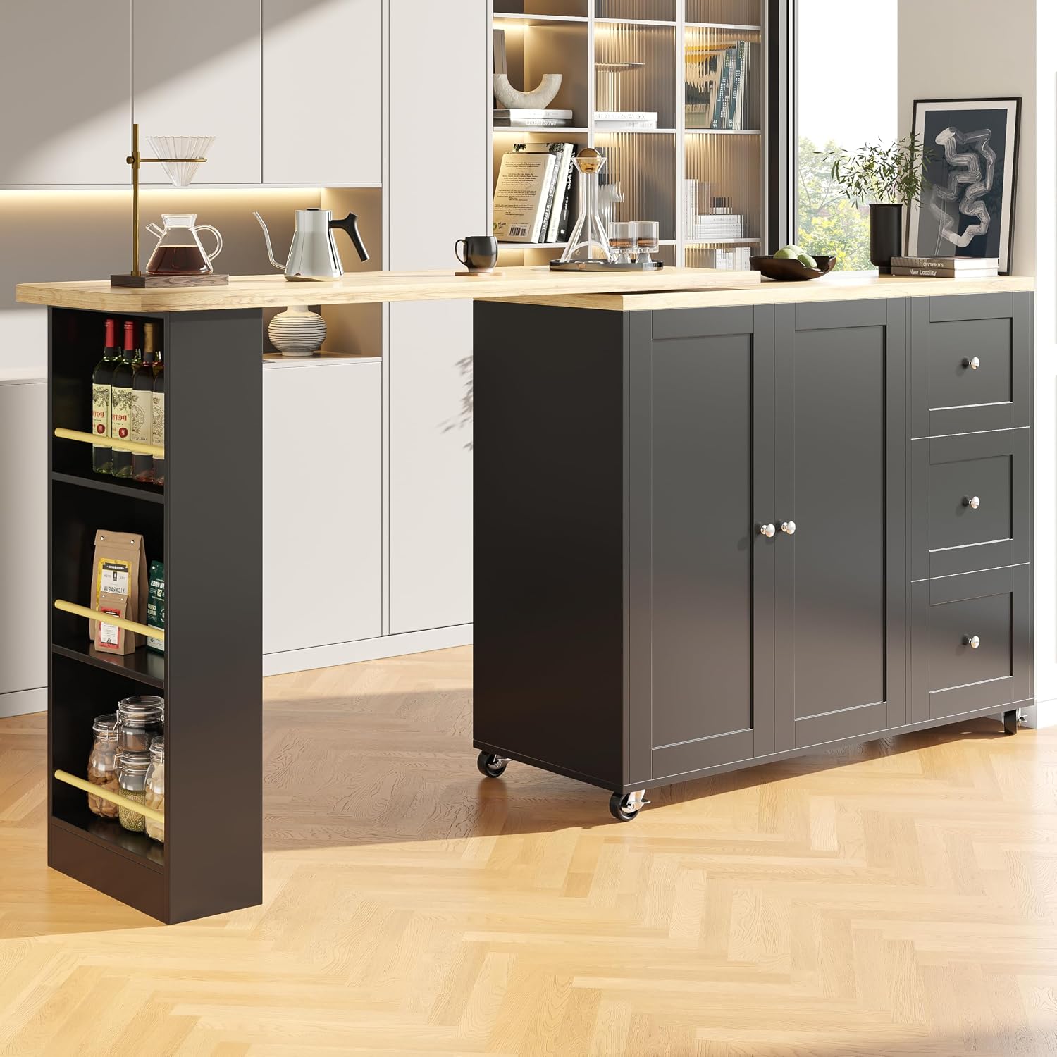 Merax 360° swivelling 3 Tier Dining Bar table, Mobile Kitchen Storage Island with 3 Drawers, 2 Doors and Extendable Table, for Kitchen, Dining Room, Living Room, Black/138-209 x 39 x 106 cm