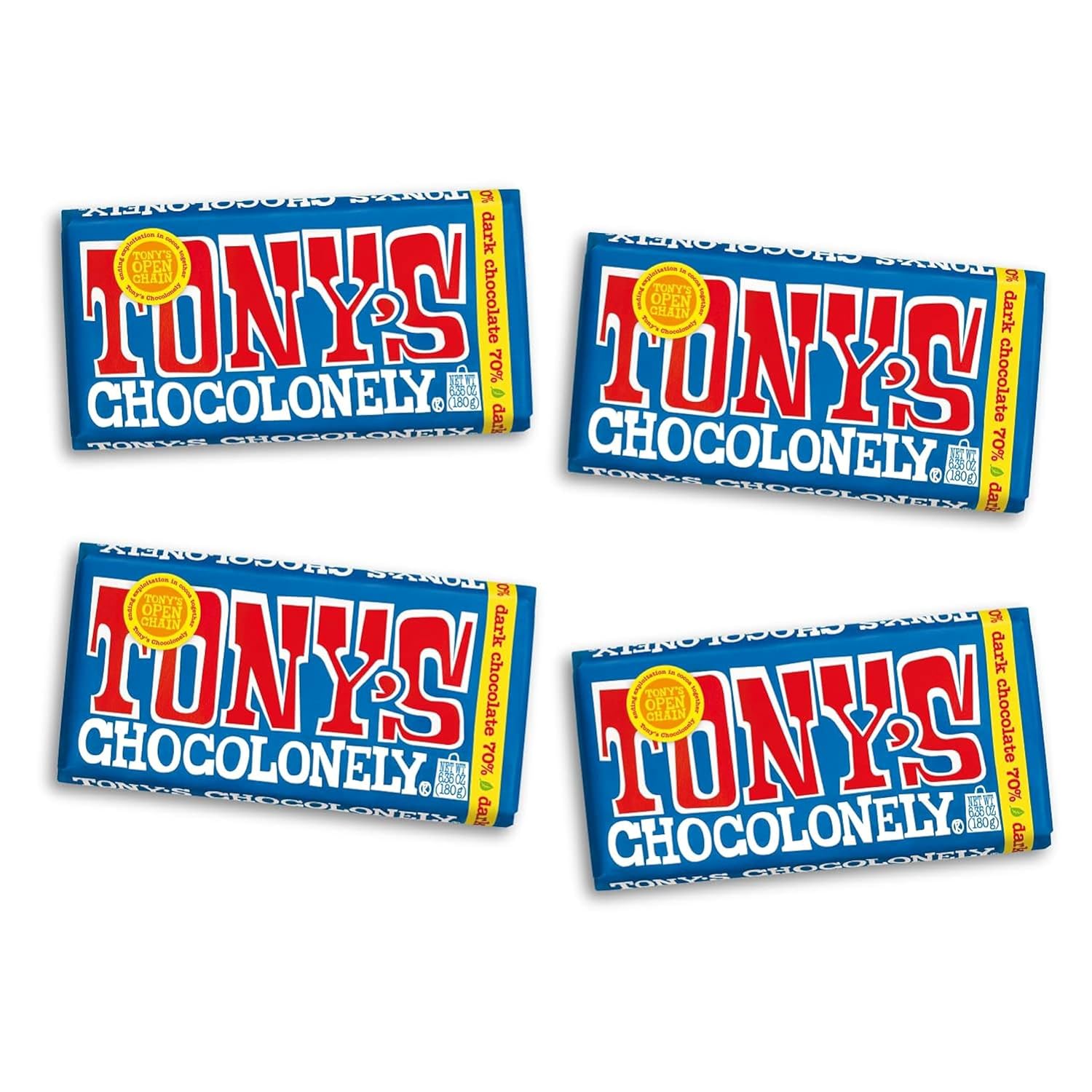 Tony's Chocolonely 70% Dark Chocolate Bar - Dark Belgium Chocolate, No Artificial Flavoring, Fairtrade & B Corp Certified - 6.35 Oz, 4 Bars