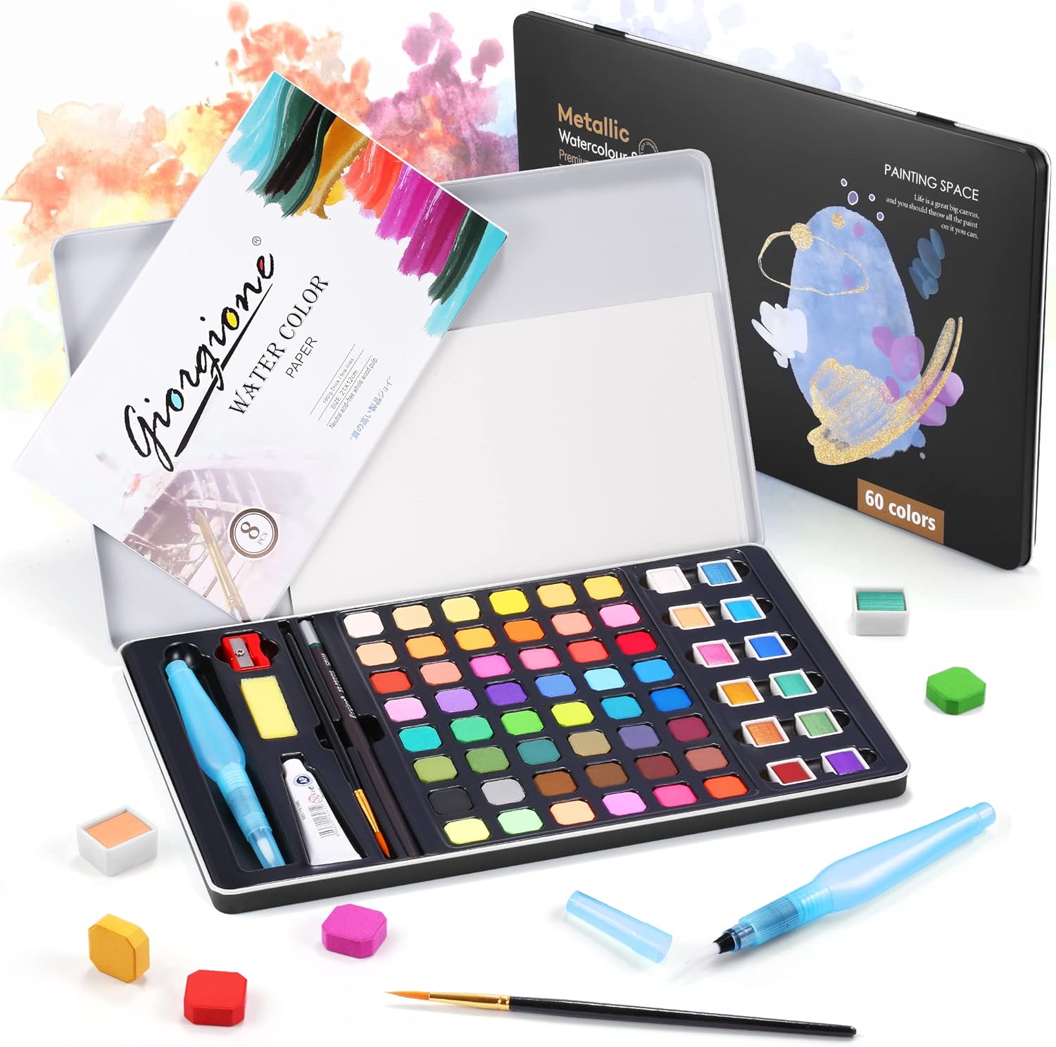 Watercolor Paint Set, 60 Colors Water Colors Kit,Including Metallic and Fluorescent Color, With 8 Water Colours Paper Pad Versatile, For Artists, Beginners,Amateur Hobbyists, and Painting Lovers
