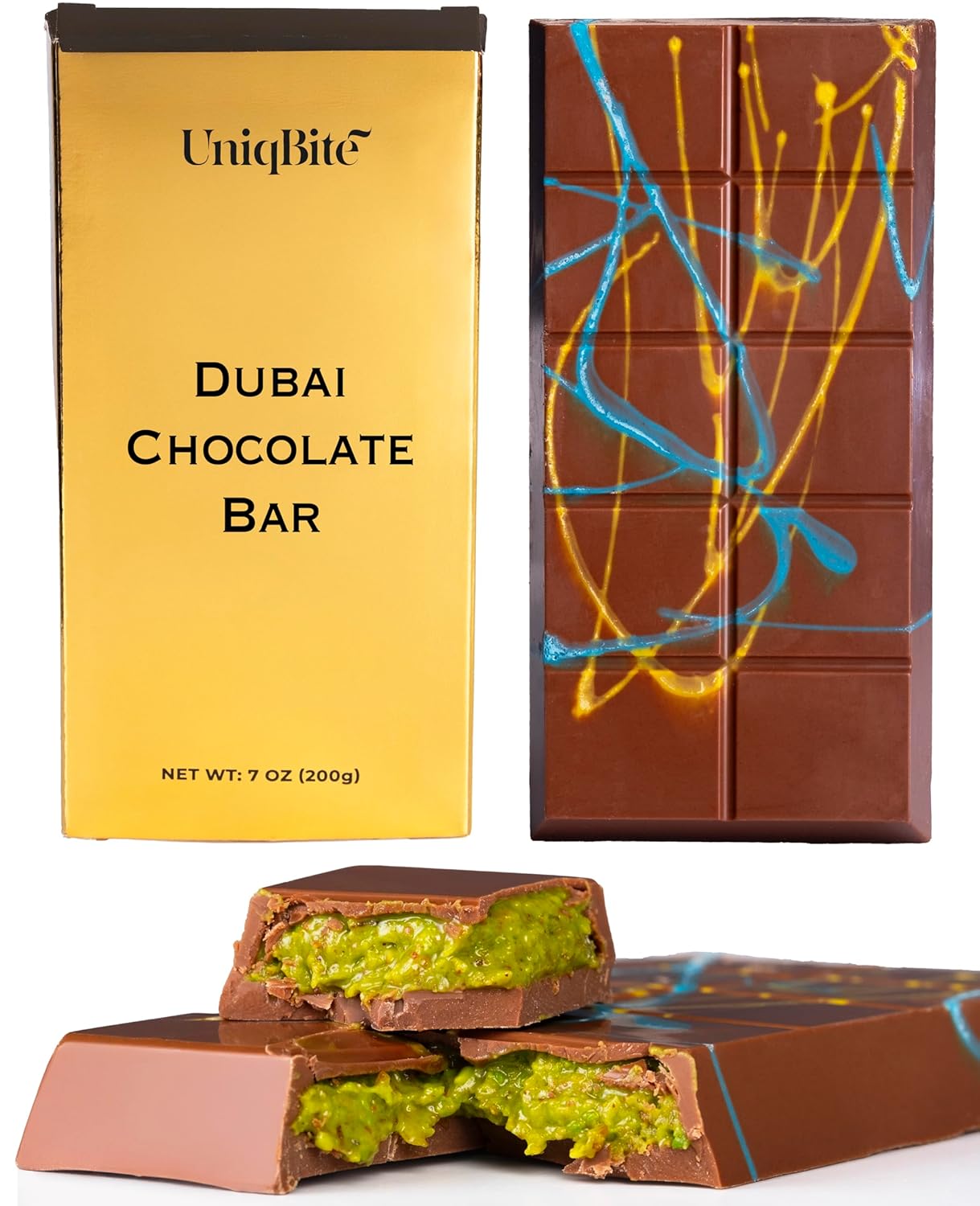Dubai Chocolate Bar Pistachio, Viral Knafeh Chocolate Bar with Pistachio Cream and Crispy Kataifi, 7 oz (200gr), Gift Chocolate