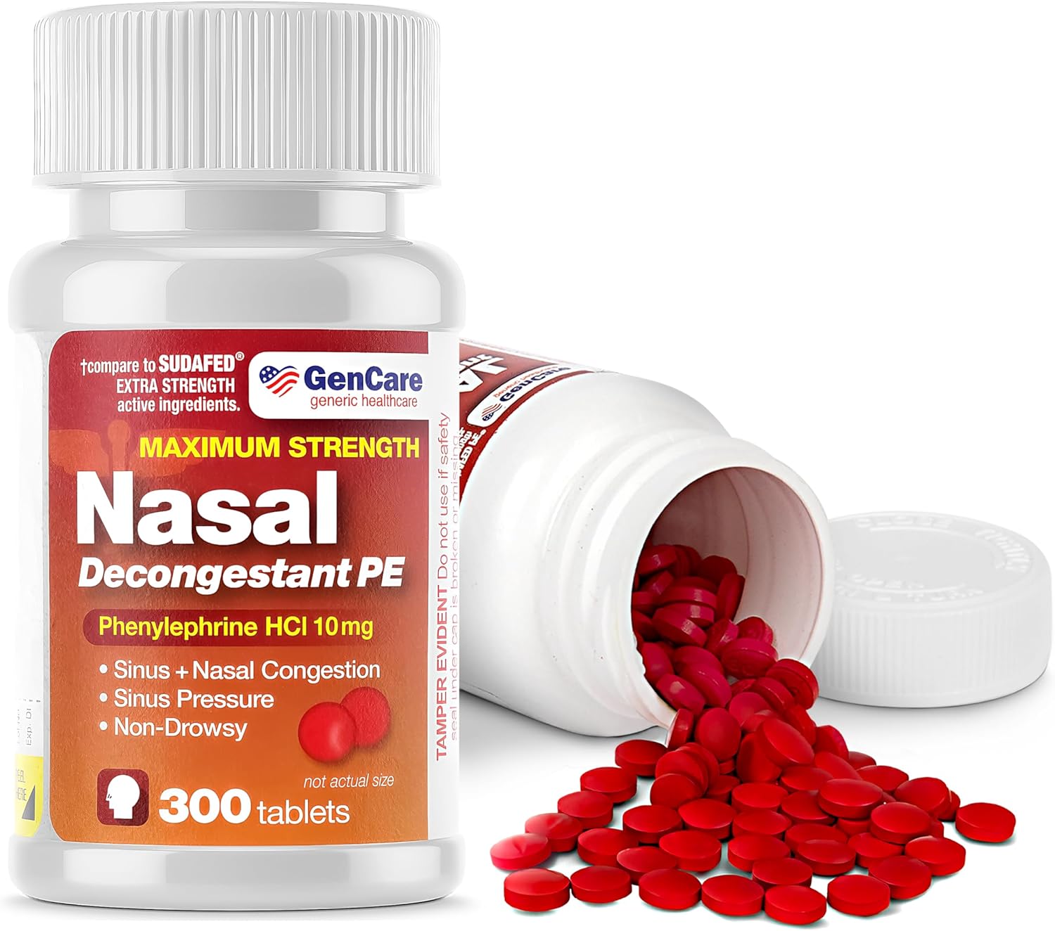 GenCare - Nasal Decongestant (10mg Tablets) Phenylephrine HCl (300 Tablets Per Bottle) | Value Pack Non Drowsy Sinus and Nasal Congestion Relief | Lower Sinus Pressure Due to Allergies or Illness