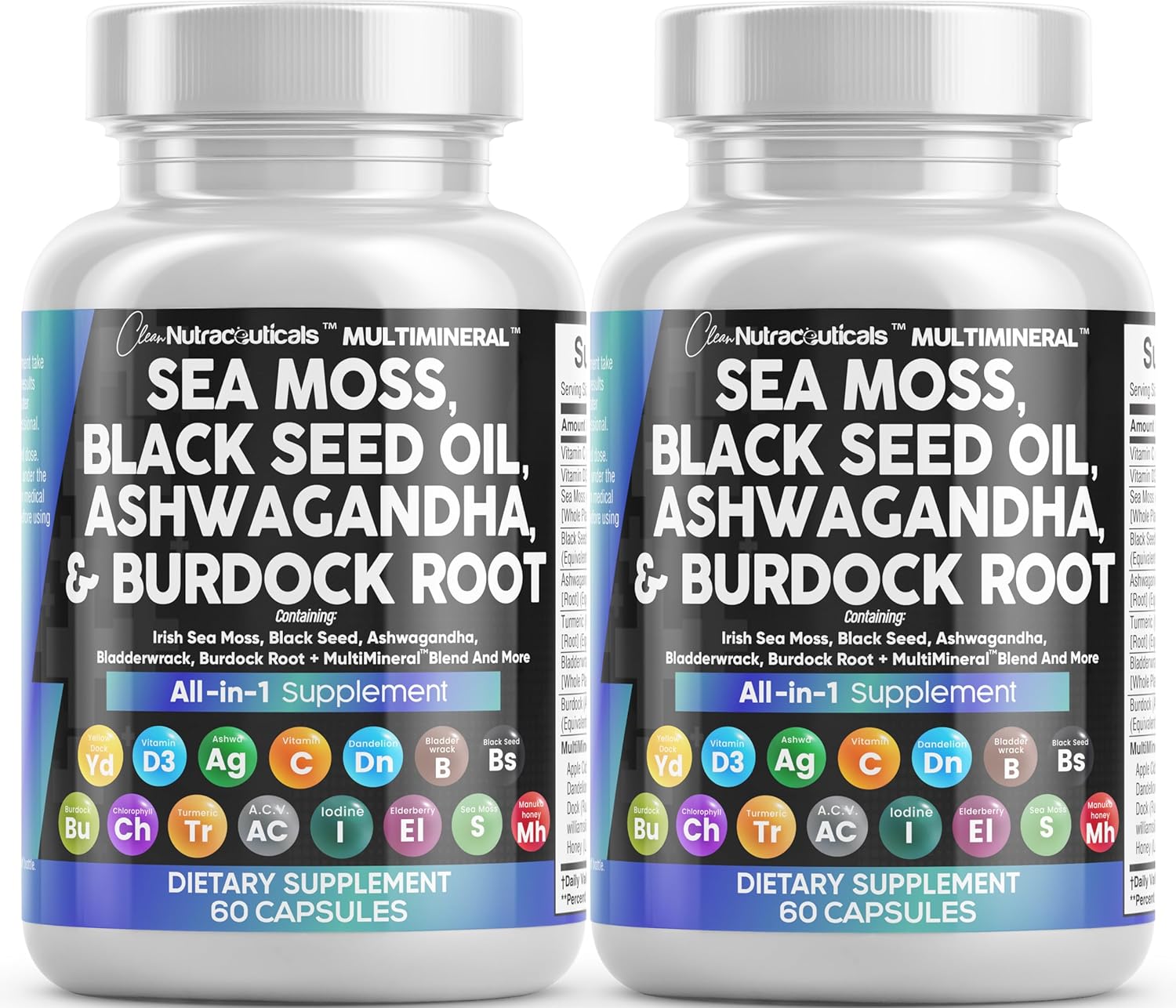 Sea Moss 3000mg Black Seed Oil 2000mg Ashwagandha 1000mg Turmeric 1000mg Bladderwrack 1000mg Burdock & Vitamin C Vitamin D3 with Elderberry Manuka Dandelion Yellow Dock Iodine Chlorophyll ACV - 2Pack