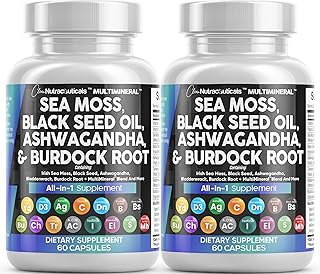 Sea Moss 3000mg Black Seed Oil 2000mg Ashwagandha 1000mg Turmeric 1000mg Bladderwrack 1000mg Burdock & Vitamin C Vitamin D3 with Elderberry Manuka Dandelion Yellow Dock Iodine Chlorophyll ACV - 2Pack