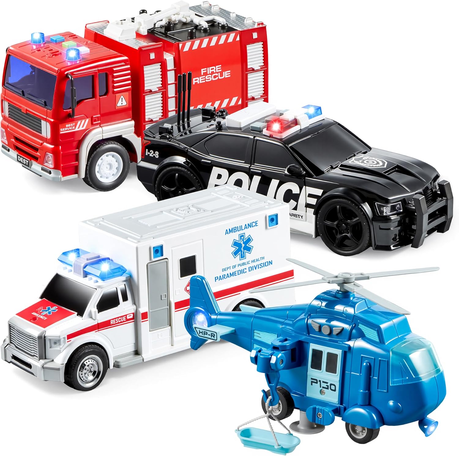 JOYIN City Hero Friction Powered Playsets 4 Pack with Lights Sounds,Includes Fire Truck,Ambulance,Police Car and Rescue Helicopter,Rescue Vehicle Toys for Kids 3,4,5,6,7,8 Years,Gift for Boys