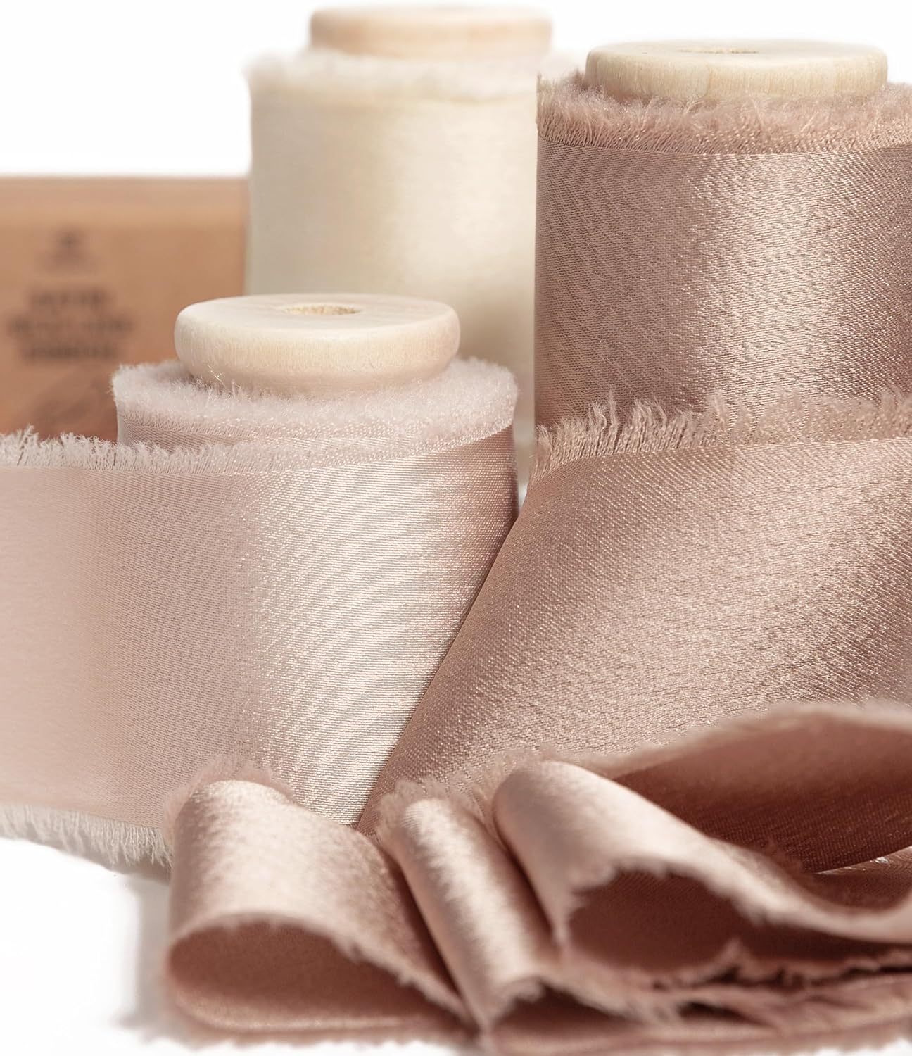 Vitalizart Silk Satin Ribbon 1-1/2 inch x 15 Yard with Wooden Spool Champagne & Nude Handmade Frayed Ribbons for Gift Wrapping Baby Shower Wedding Bridal Bouquets Holiday Decor