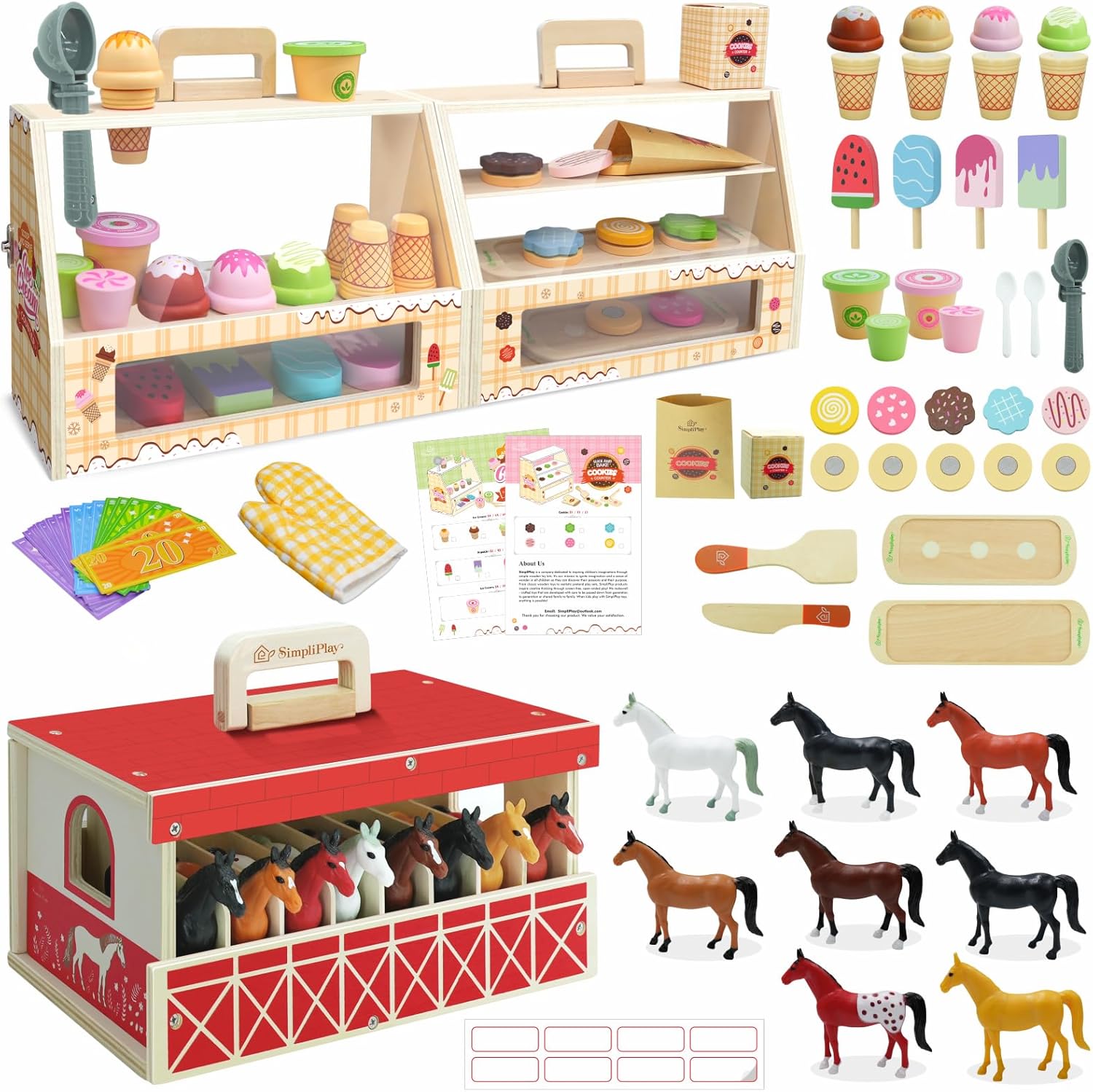 2 in 1 Portable Wooden Ice Cream Toy & Cookie Play Set & Wooden Horse Stable Playset