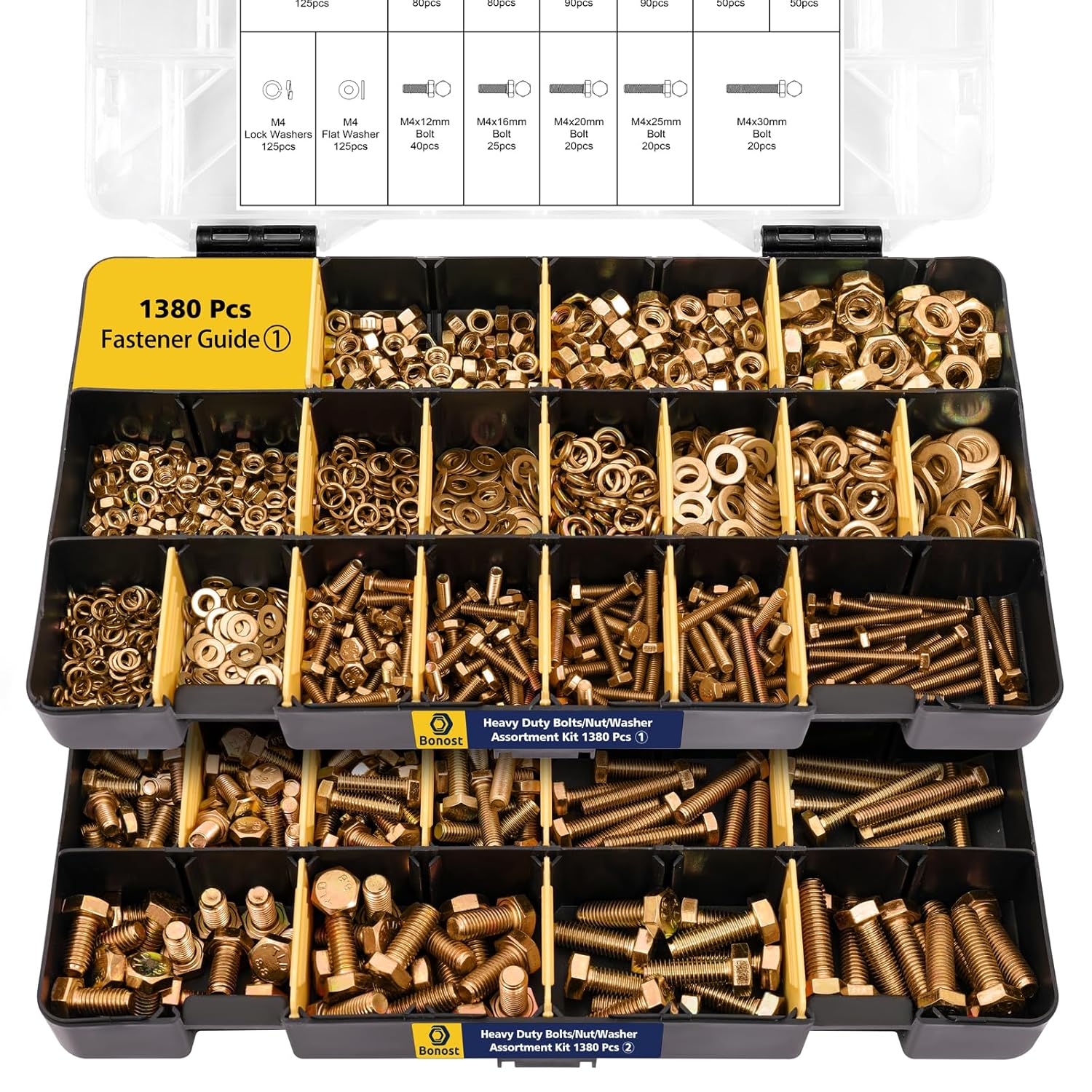 1380pcs Nuts and Bolts Assortment Kit - Heavy Duty Grade 8.8 Metric M4 M5 M6 M8 Bolt Set with Assorted Nuts and Washers, Yellow Zinc Plated, Length from 12-30mm