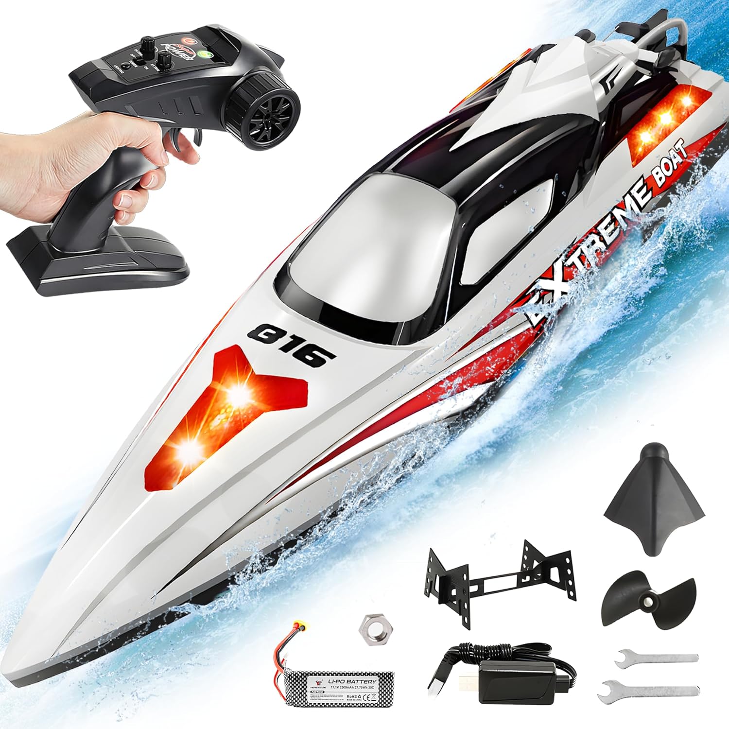 BEZGAR RC Boat, 18 inch Big Brushless Remote Control Boat for Adults and Kids, 55 KPH Large Fast RC Speed Boats with 2500mAh Battery, Ideal Waterproof Toy Boats for Lakes - HJ816 Gray
